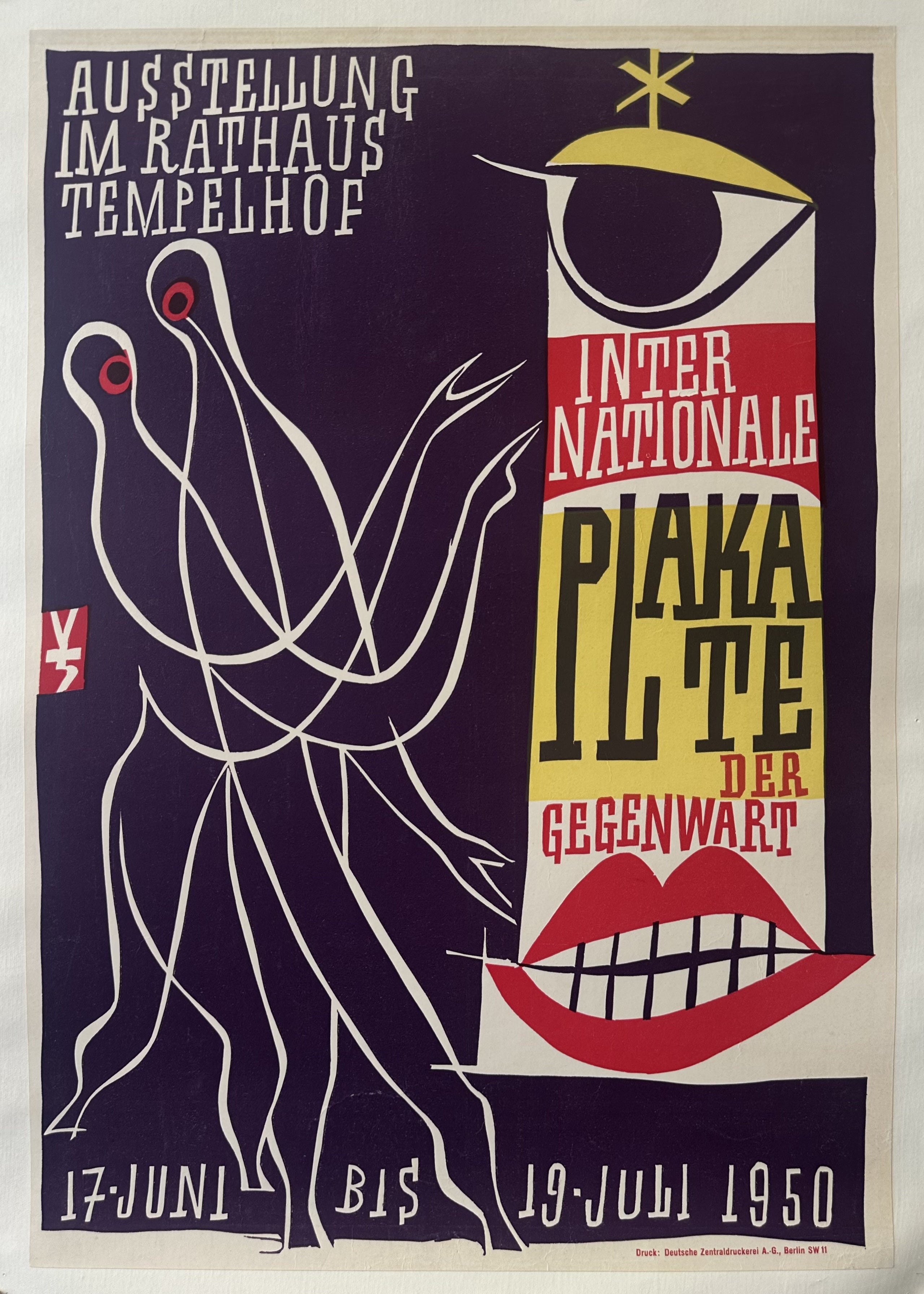 A vintage poster for an international poster exhibition in 1950. The poster features two abstract figures with large eyes and mouths, and text in German that reads: "Ausstellung im Rathaus Tempelhof" (Exhibition in the Tempelhof Town Hall) and "Internationale Plakate der Gegenwart" (International Posters of the Present), along with the dates "17. Juni bis 19. Juli 1950" (June 17 to July 19, 1950).