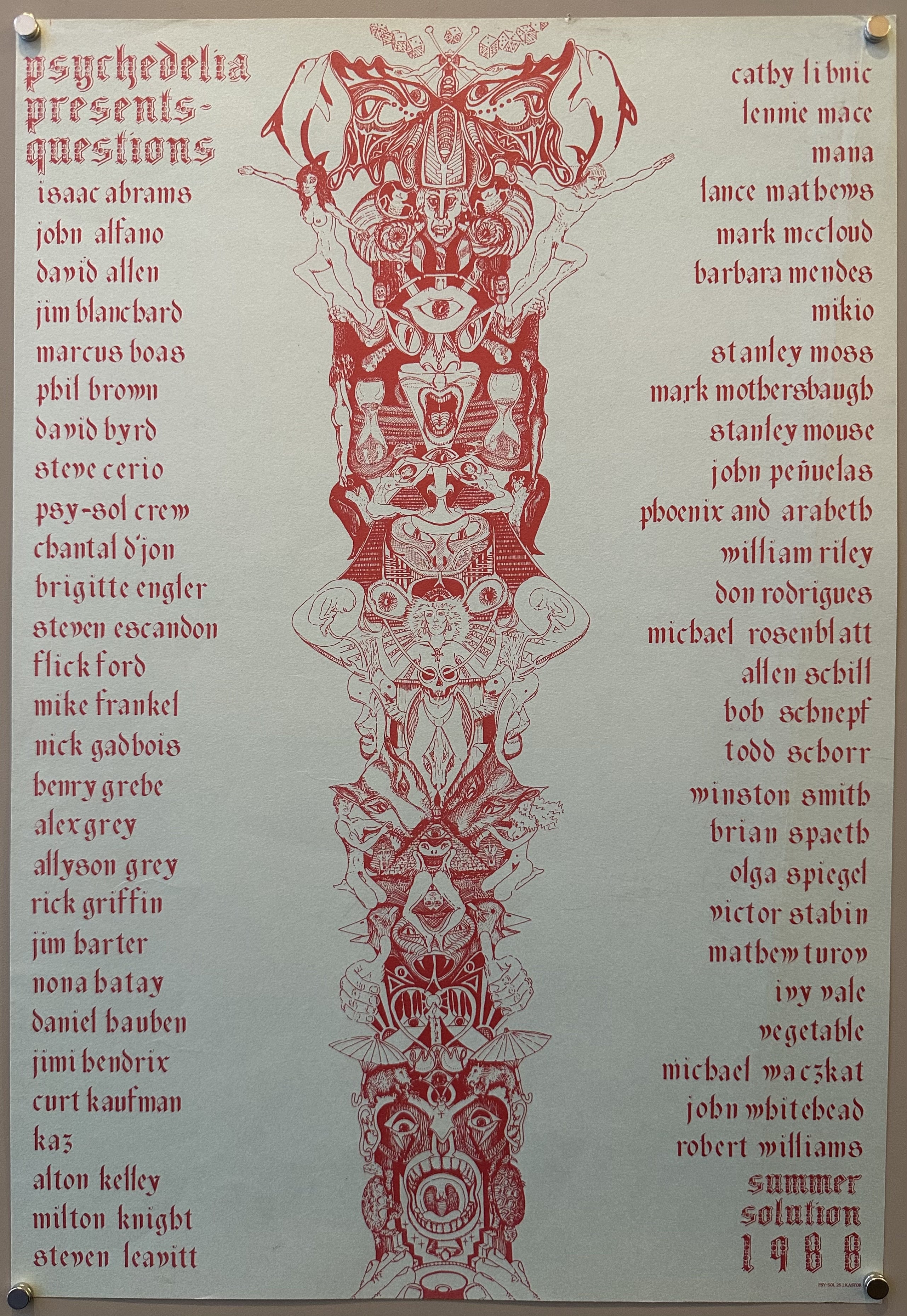 Psychedelic poster with red vertical design running down center and artists listed on either side.