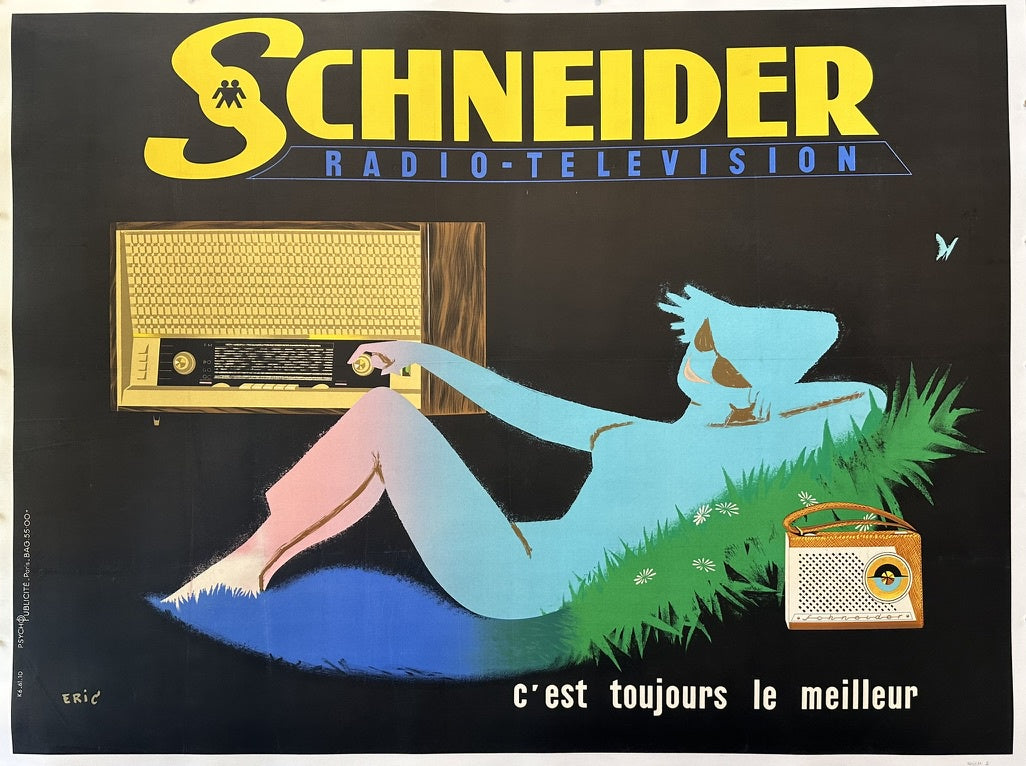 Schneider Radio-Television, featuring a reclining figure in a grassy landscape alongside a stylized radio and a television set