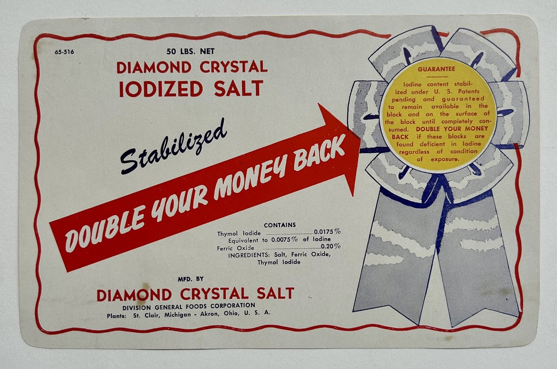 An advertisement for Diamond Crystal Iodized Salt, featuring a red arrow pointing to the text "DOUBLE YOUR MONEY BACK." The ad also includes details about the salt's ingredients, iodine content, and a guarantee of iodine availability.