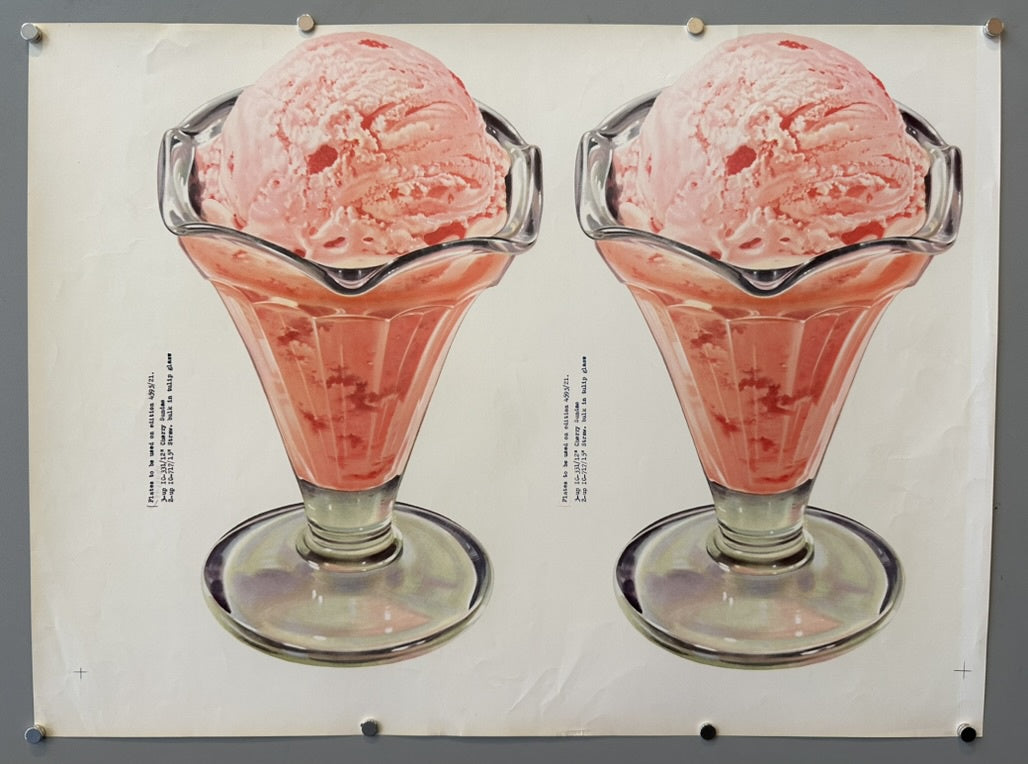 This image shows a vintage poster featuring two identical scoops of strawberry ice cream in glass serving dishes