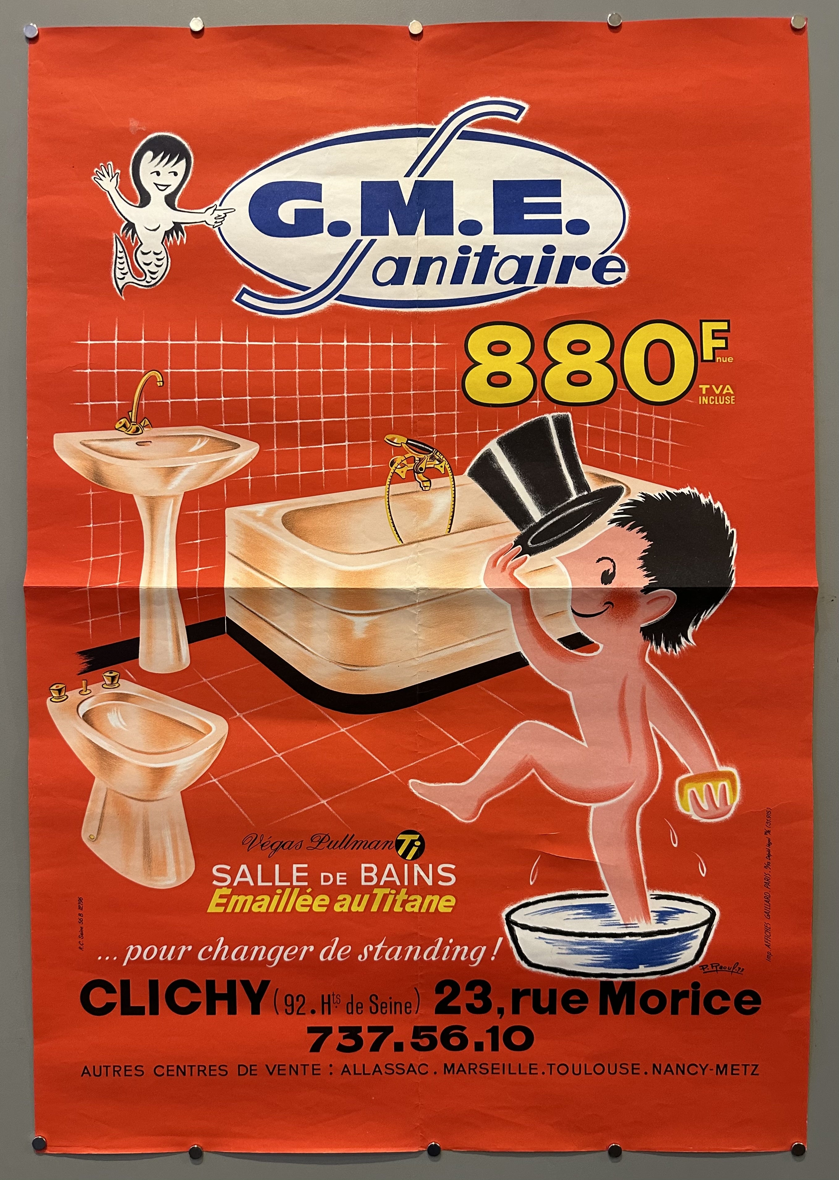 Red poster with nude child tipping a top hat in the bathroom surrounded by GME Sanitaire products--a toilet, sink, and bathtub.