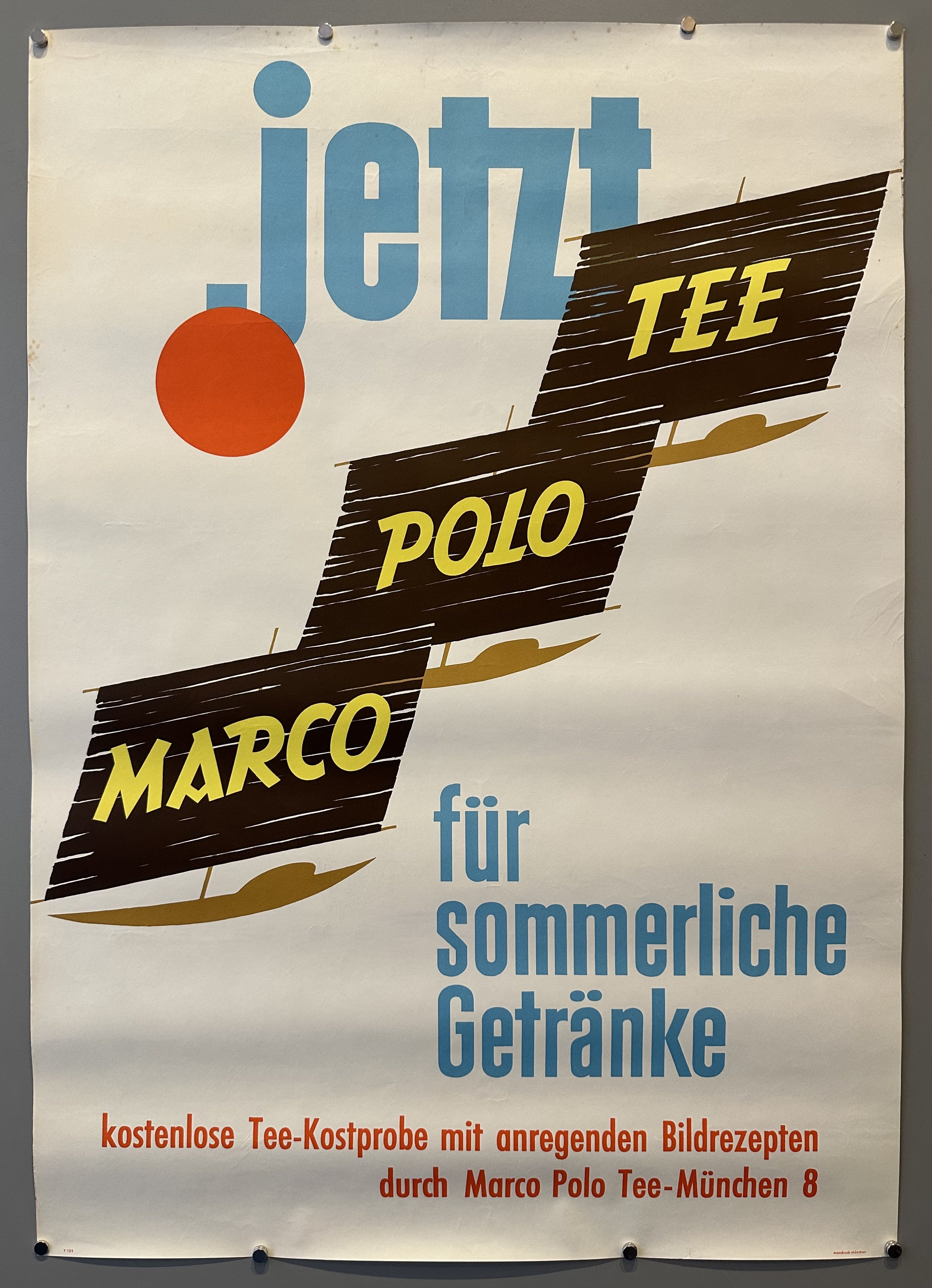 A vintage poster advertising Marco Polo Tea, featuring a mid-century modern design with bold text in German.