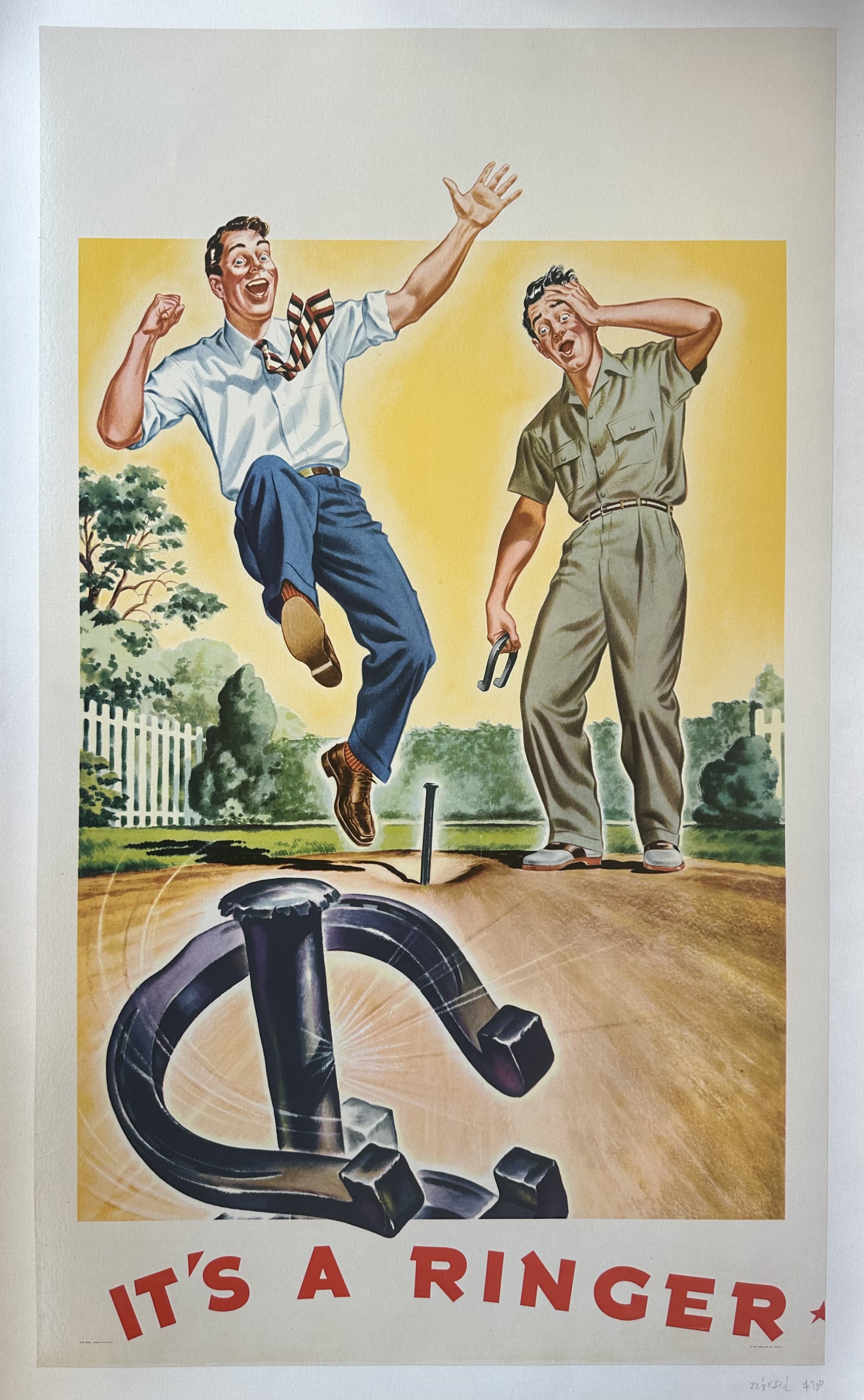 A vintage poster featuring two men playing horseshoes. One man is celebrating with his arms raised, while the other looks on with a disappointed expression.