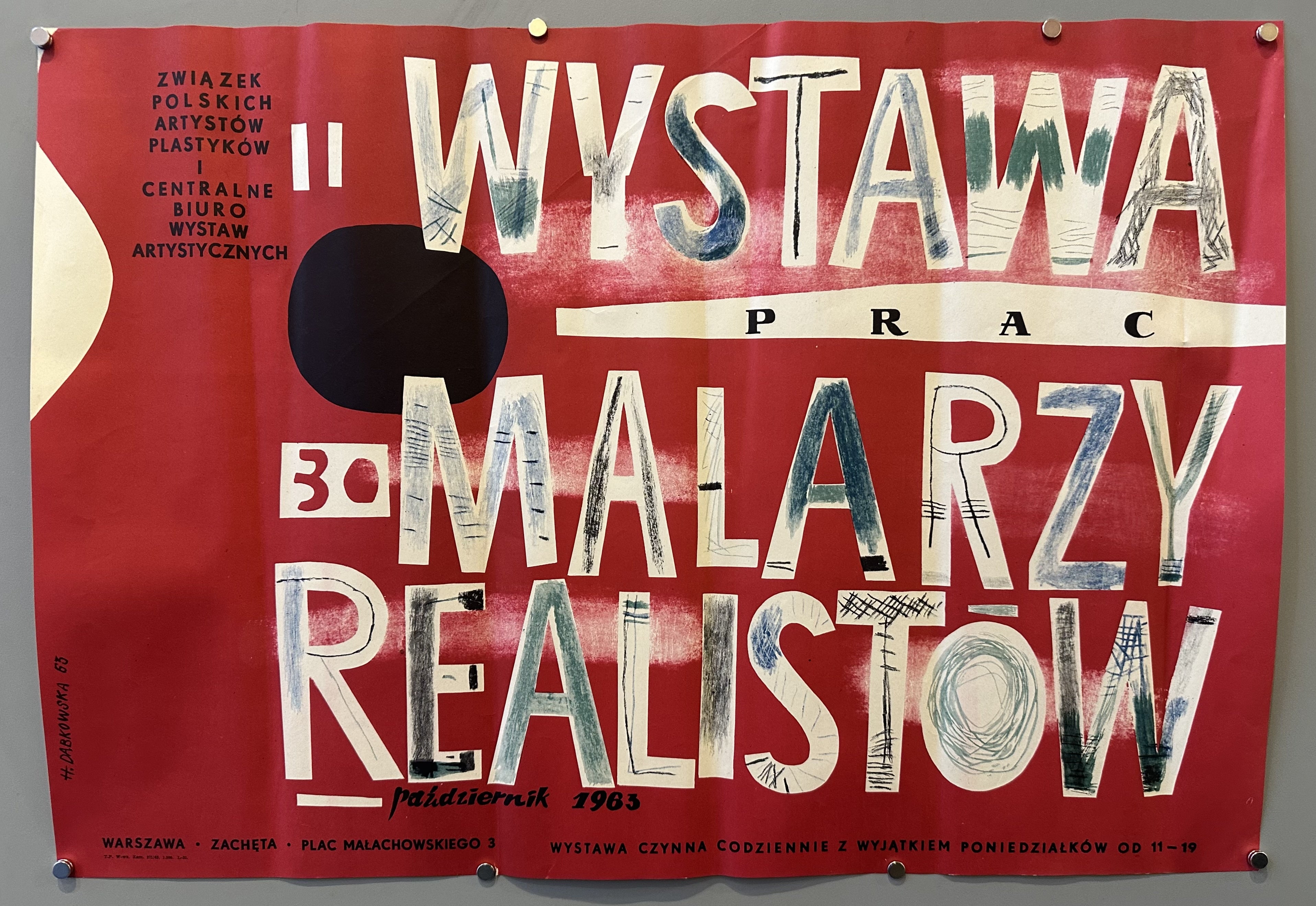 Red poster with white typography promoting Polish art exhibition.