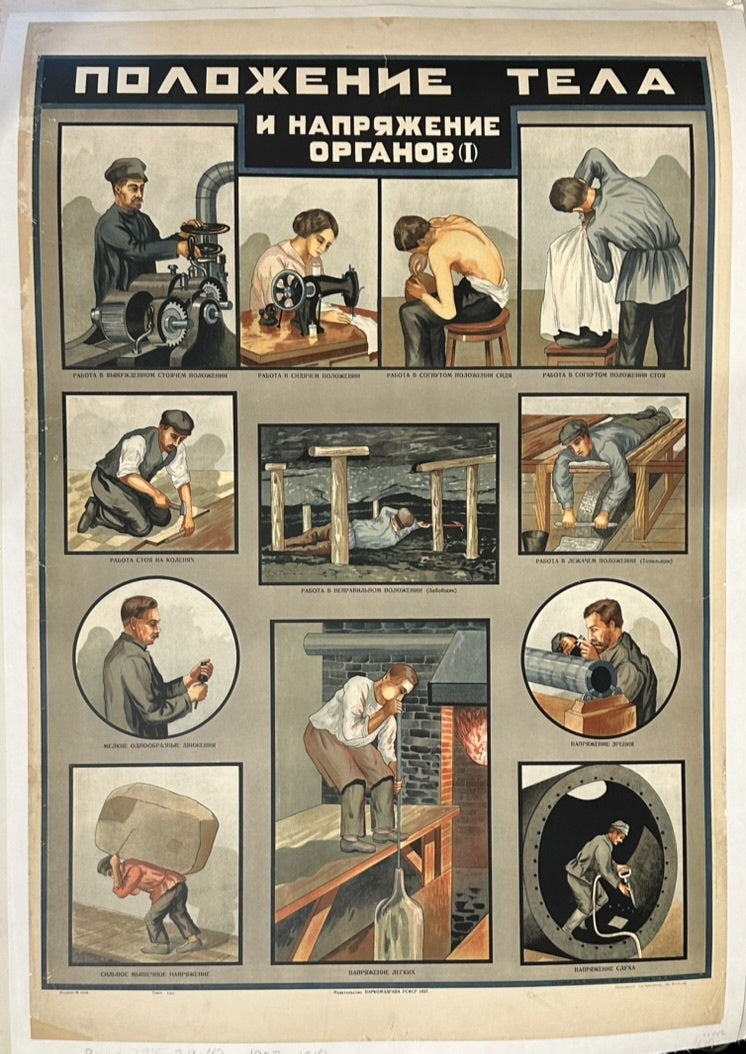 This Soviet propaganda poster, titled "ПОЛОЖЕНИЕ ТЕЛА И НАПРЯЖЕНИЕ ОРГАНОВ" (Body Position and Organ Strain), was created in 1927. It is a visual representation of industrialization and labor during the early Soviet era, aligning with the ambitious Five Year Plans aimed at transforming Russia into an industrial powerhouse.
