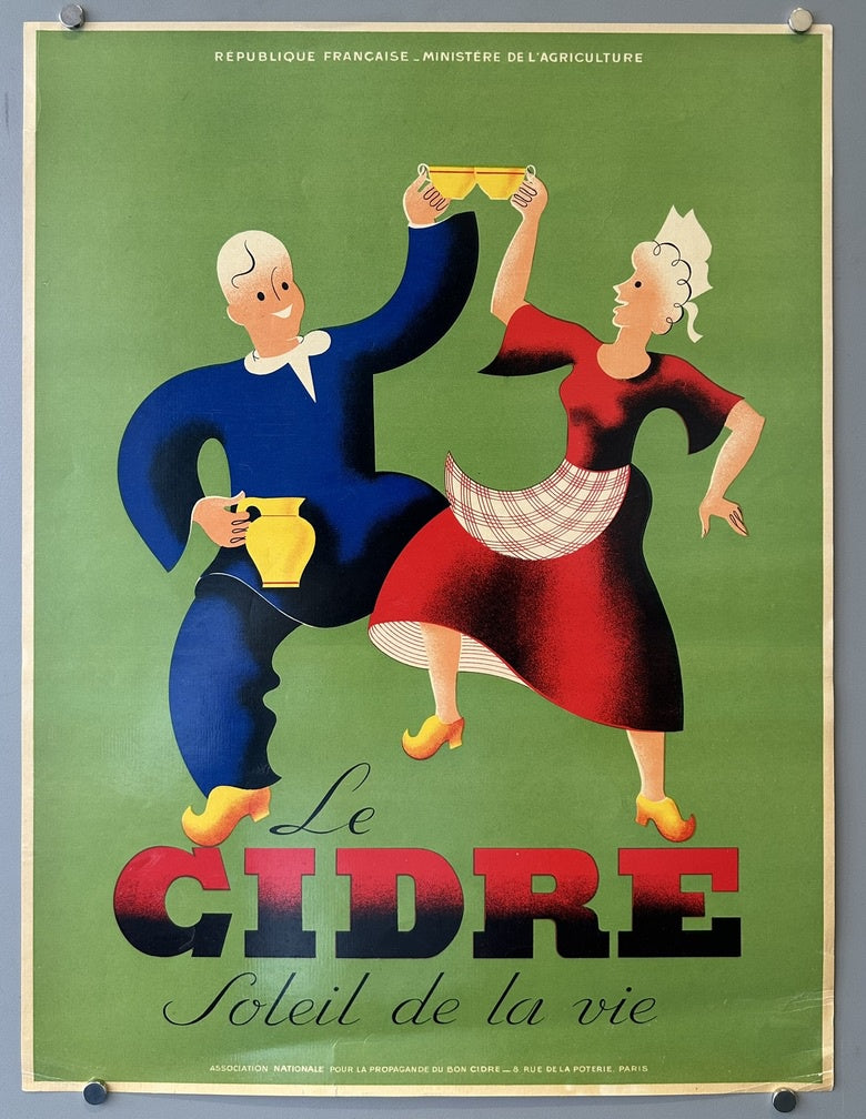 The poster depicts a man and a woman in a celebratory pose, raising glasses of cider, against a vibrant green background, symbolizing the joy and vitality associated with cider consumption.