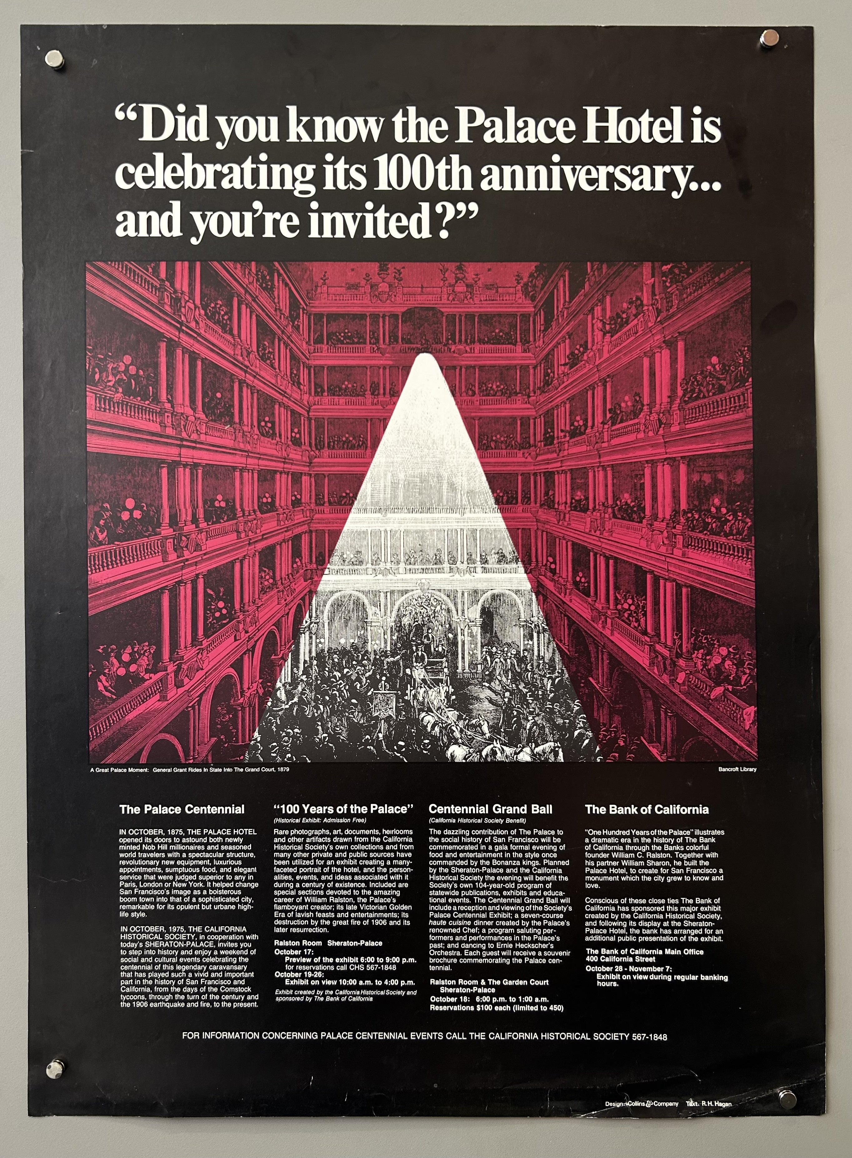 The poster announces events for the centennial celebration, which took place in October 1975. The hotel originally opened in October 1875. The poster details three main events