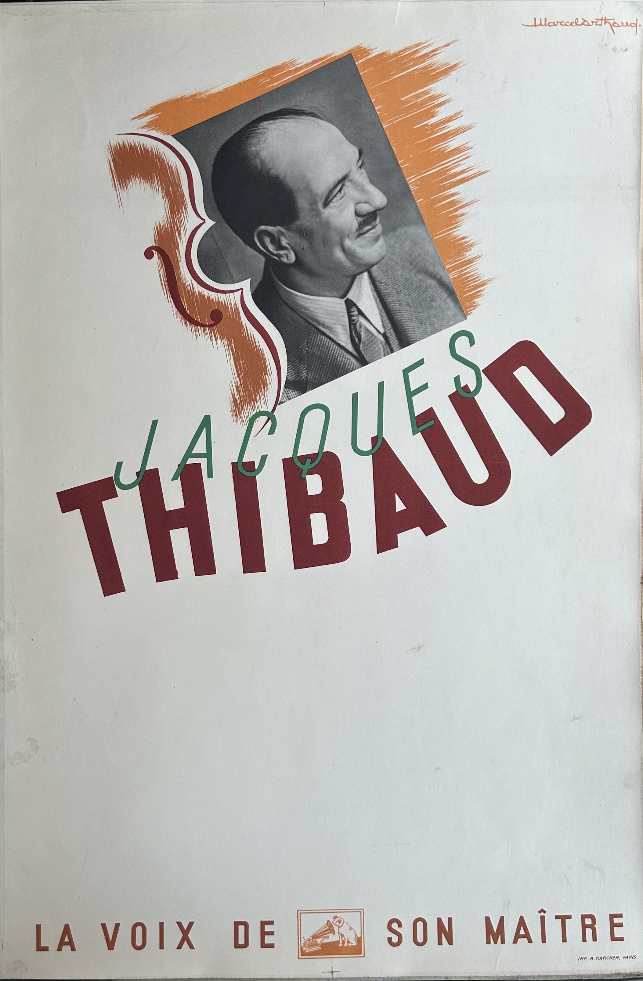 Photo of Jacques Thibaud above typography of his name and a blank space underneath in printing proof version of music poster.