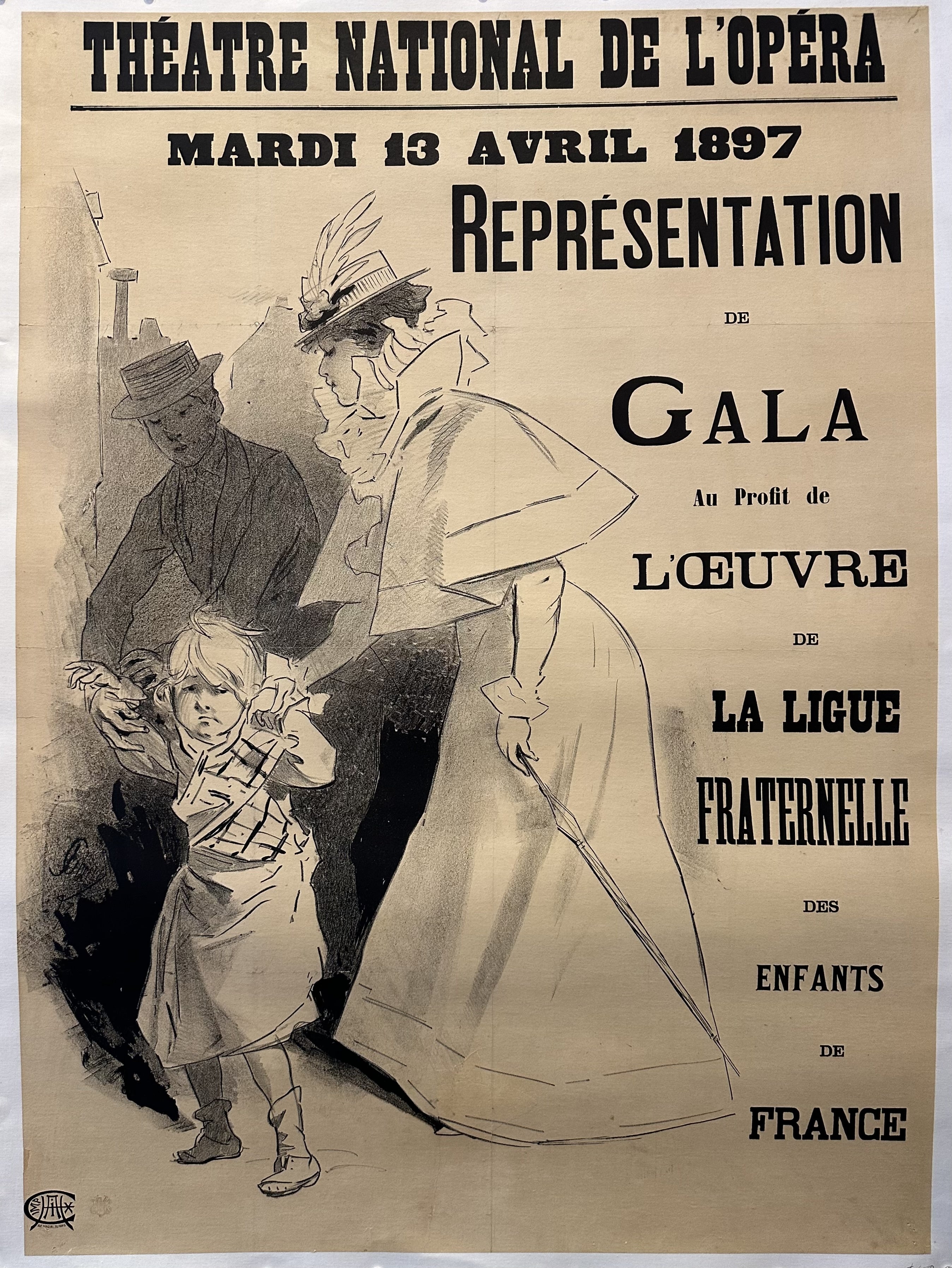Poster by Cheret featuring a woman holding a small child's hand for a youth event.