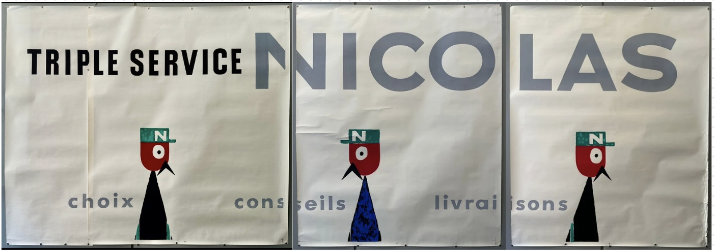 Three panels, each with text and a stylized figure. The left panel says 'TRIPLE SERVICE choix', the center panel says 'NICOLAS conseils', and the right panel says 'livraisons'. Each panel features a small figure wearing a green hat with an N on it."