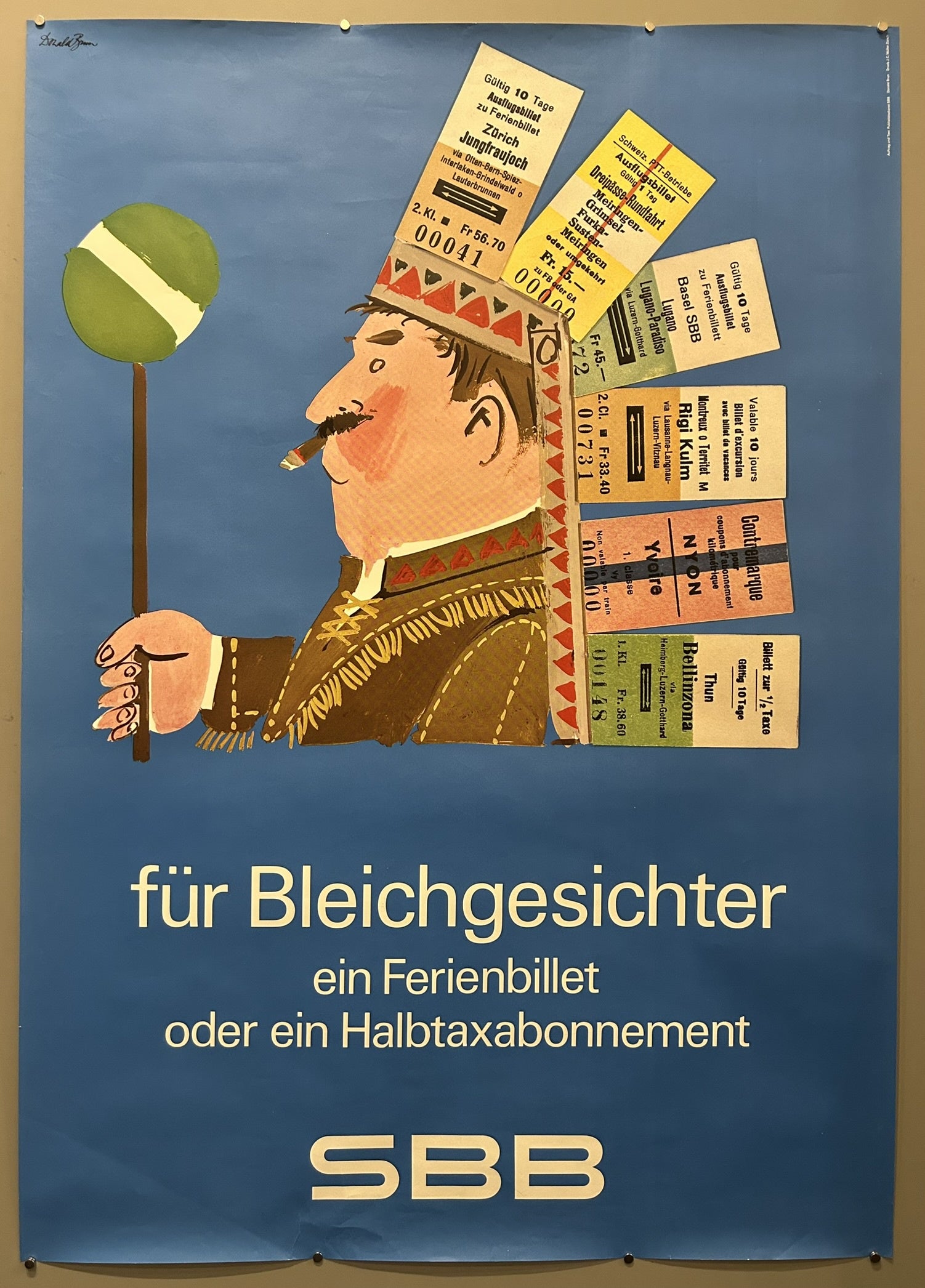 The poster encourages people, particularly those described as "pale faces" (Bleichgesichter), to purchase a holiday ticket (Ferienbillet) or a Half-Fare Card (Halbtaxabonnement) to enjoy travel and presumably gain a healthier complexion through outdoor activities.