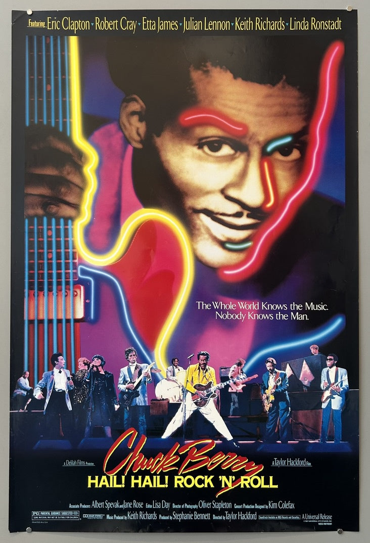 A movie poster for "Chuck Berry: Hail! Hail! Rock 'n' Roll." The poster features a large, stylized image of Chuck Berry's face and upper body, outlined in neon lights, holding a guitar also outlined in neon.