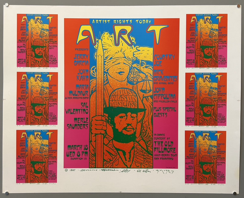 The poster features vibrant, psychedelic colors and imagery characteristic of the era's music posters, including a figure resembling Lady Justice.