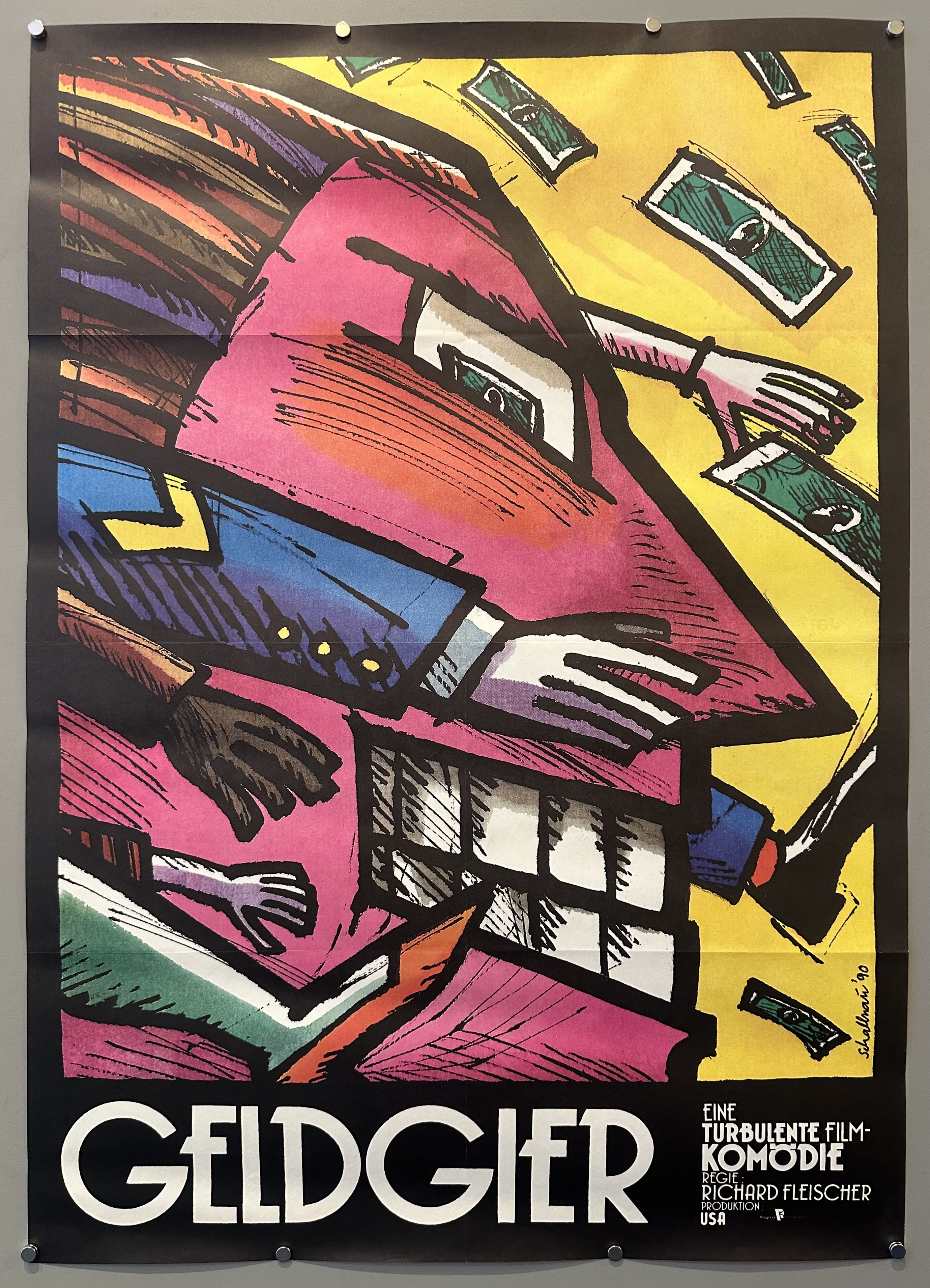 A colorful vintage German movie poster for "Geldgier" (GREED FOR MONEY). Featured is a stylized face surrounded by arms and legs and money, its eye has money on its pupil.