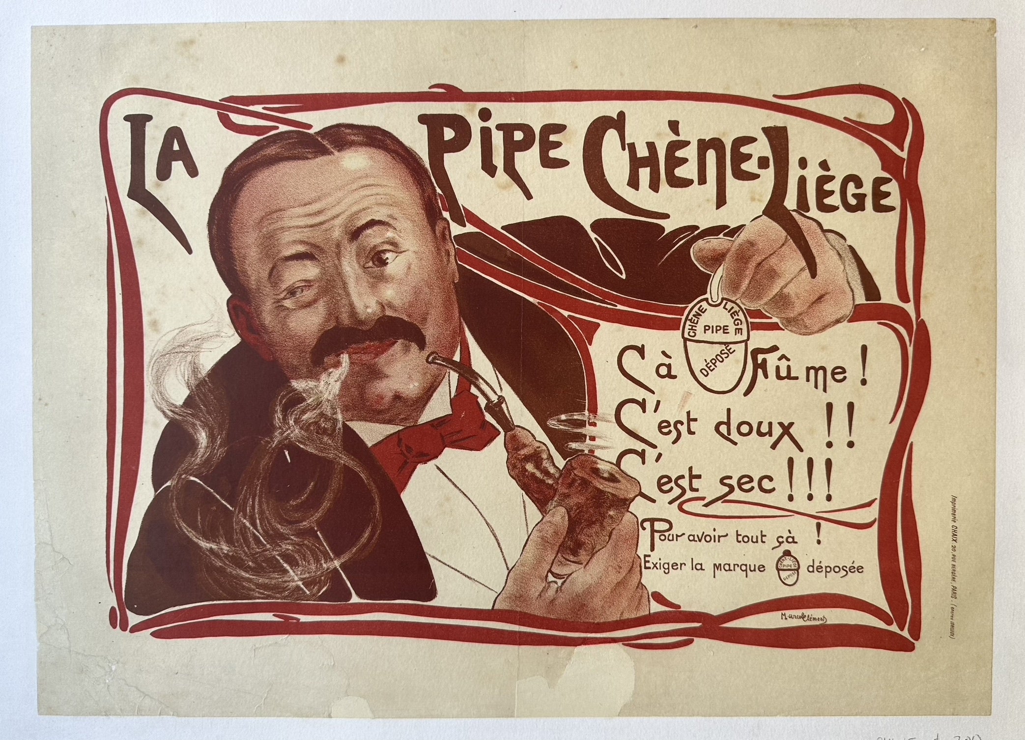 La Pipe Chêne-Liège" featuring a man smoking a pipe, with text highlighting its qualities and urging consumers to demand the registered trademark.