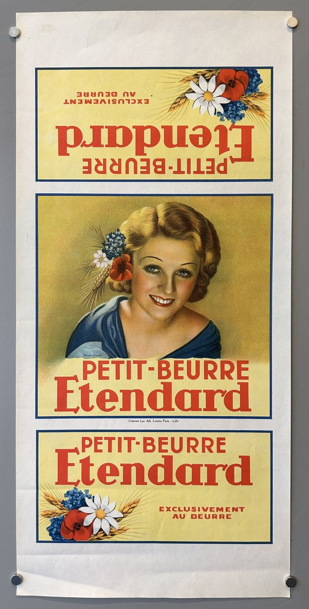The central image features a smiling woman with flowers and wheat, likely symbolizing natural ingredients and a pastoral setting, while the top and bottom sections display the product name and brand with decorative elements.