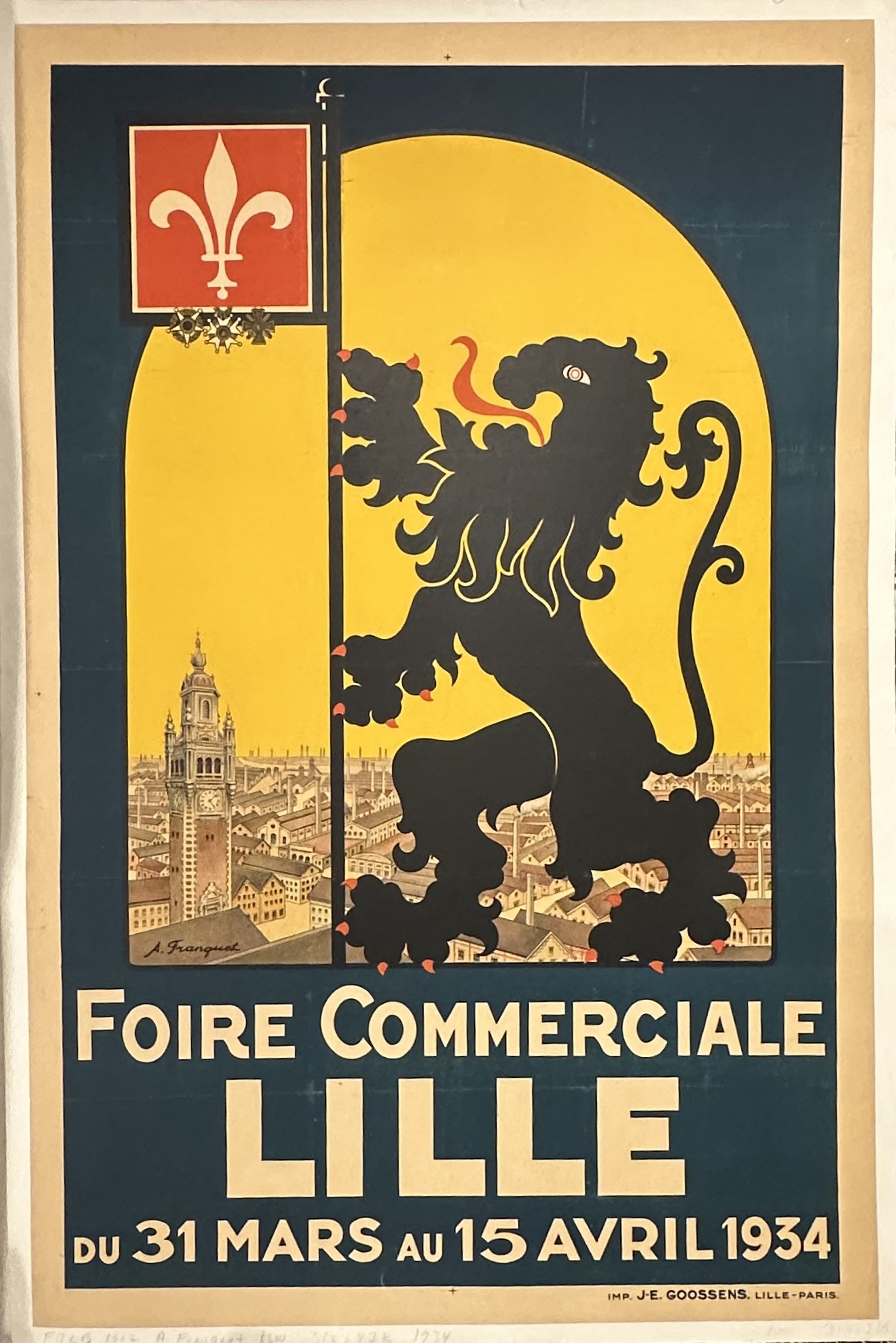 Poster with Lille flag and crest against the city's skyline to promote a trade fair.