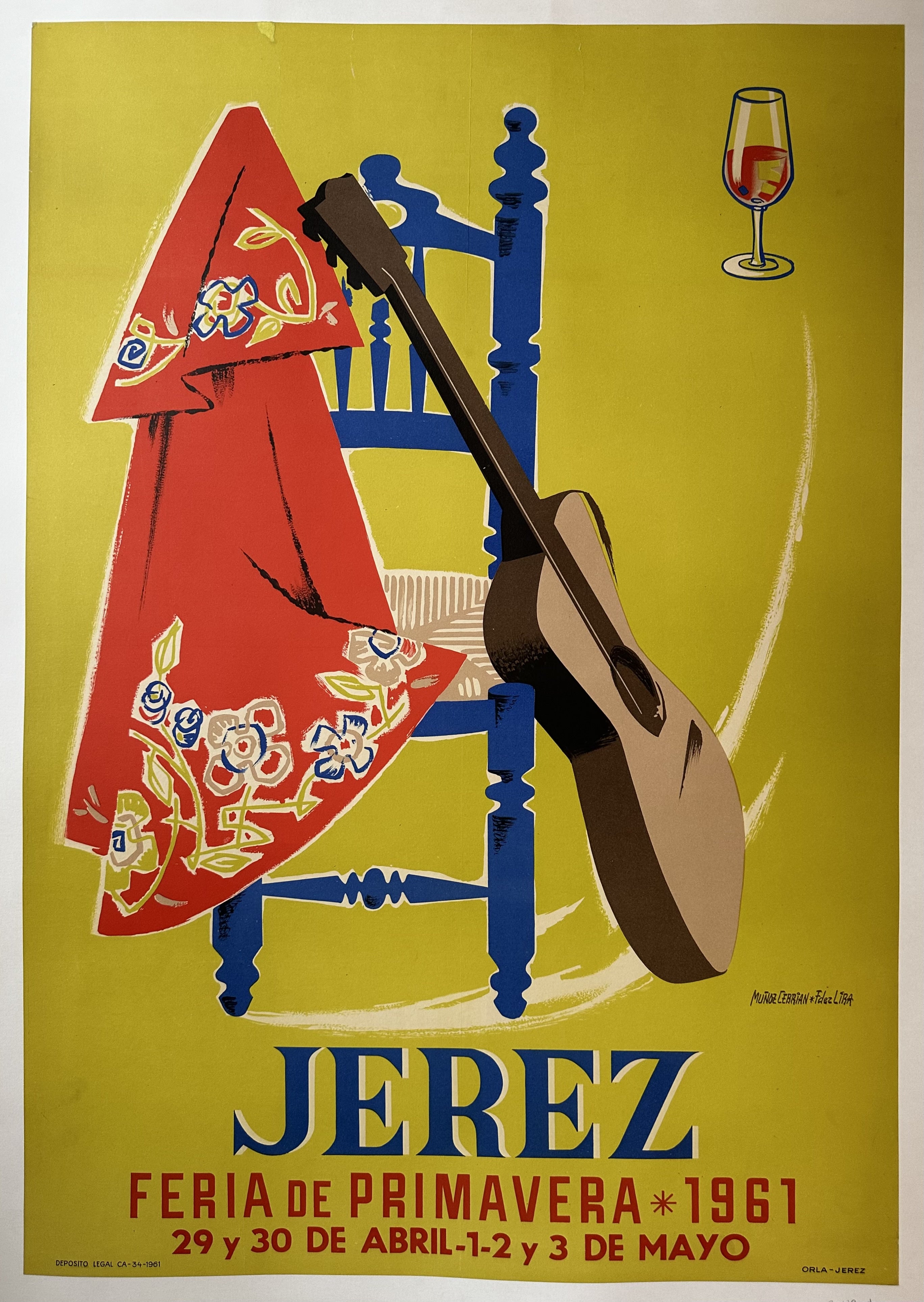 A vintage poster advertising the 1961 Spring Fair in Jerez, Spain. It features a guitar resting on a chair draped with a traditional Spanish shawl. The poster reads "JEREZ FERIA DE PRIMAVERA 1961 29 y 30 DE ABRIL - 1, 2 y 3 DE MAYO" in spanish.