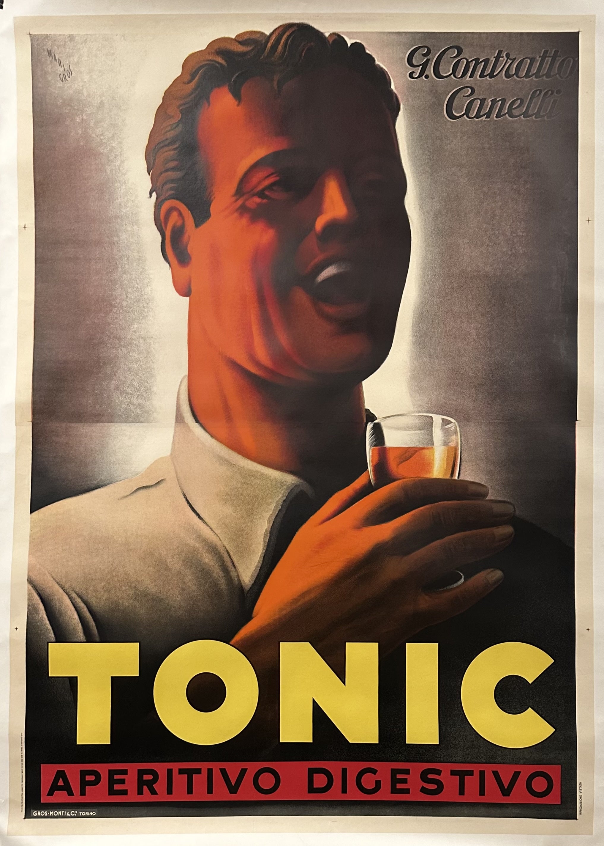 A man opens his mouth happily while holding a glass of Contratto in this advertising poster.