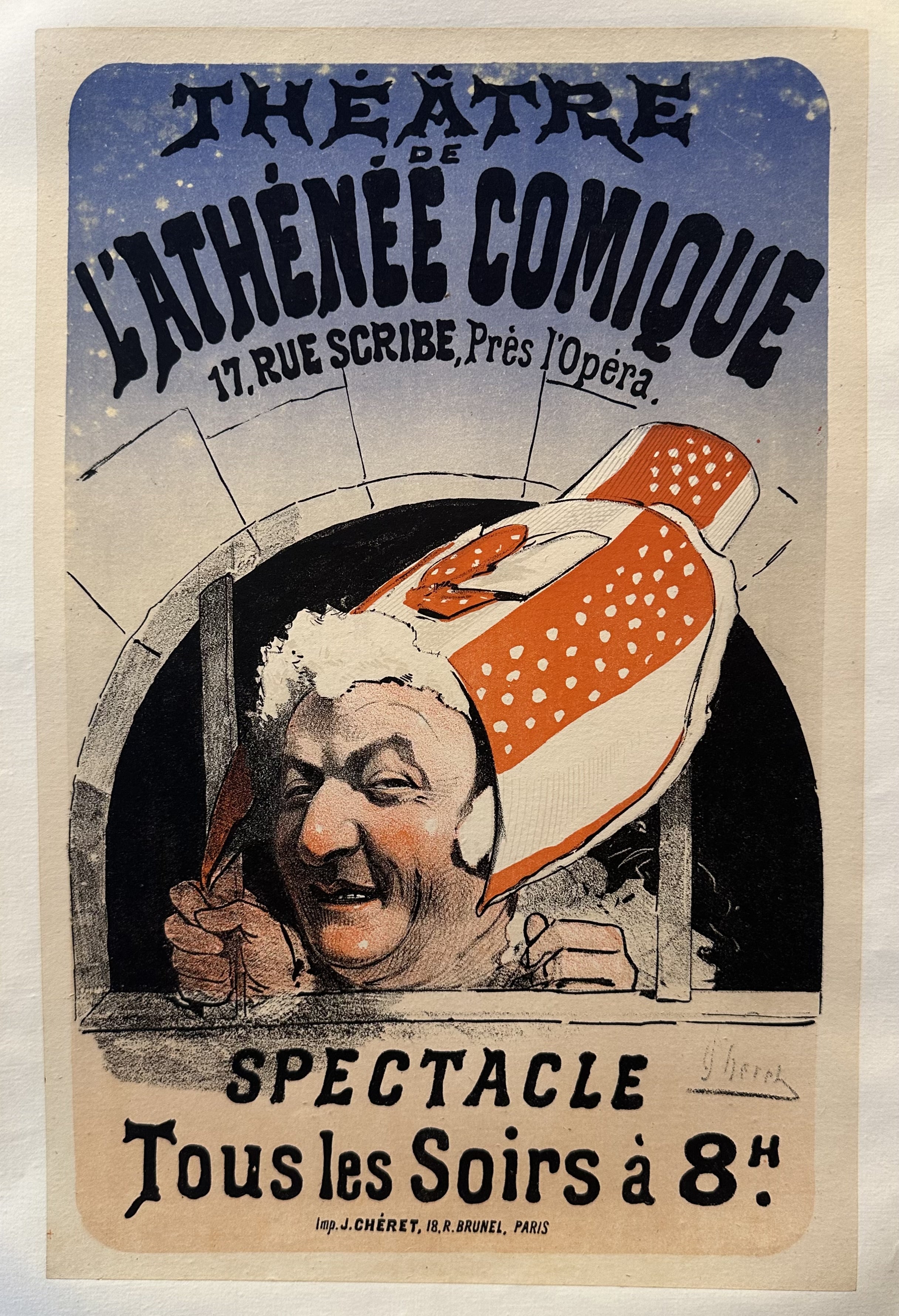 A vintage poster for the Théâtre de l'Athénée Comique in Paris, featuring a person wearing a large hat and a has their head between two bars. The text reads "Spectacle Tous les Soirs à 8 h" (Show Every Evening at 8:00).
