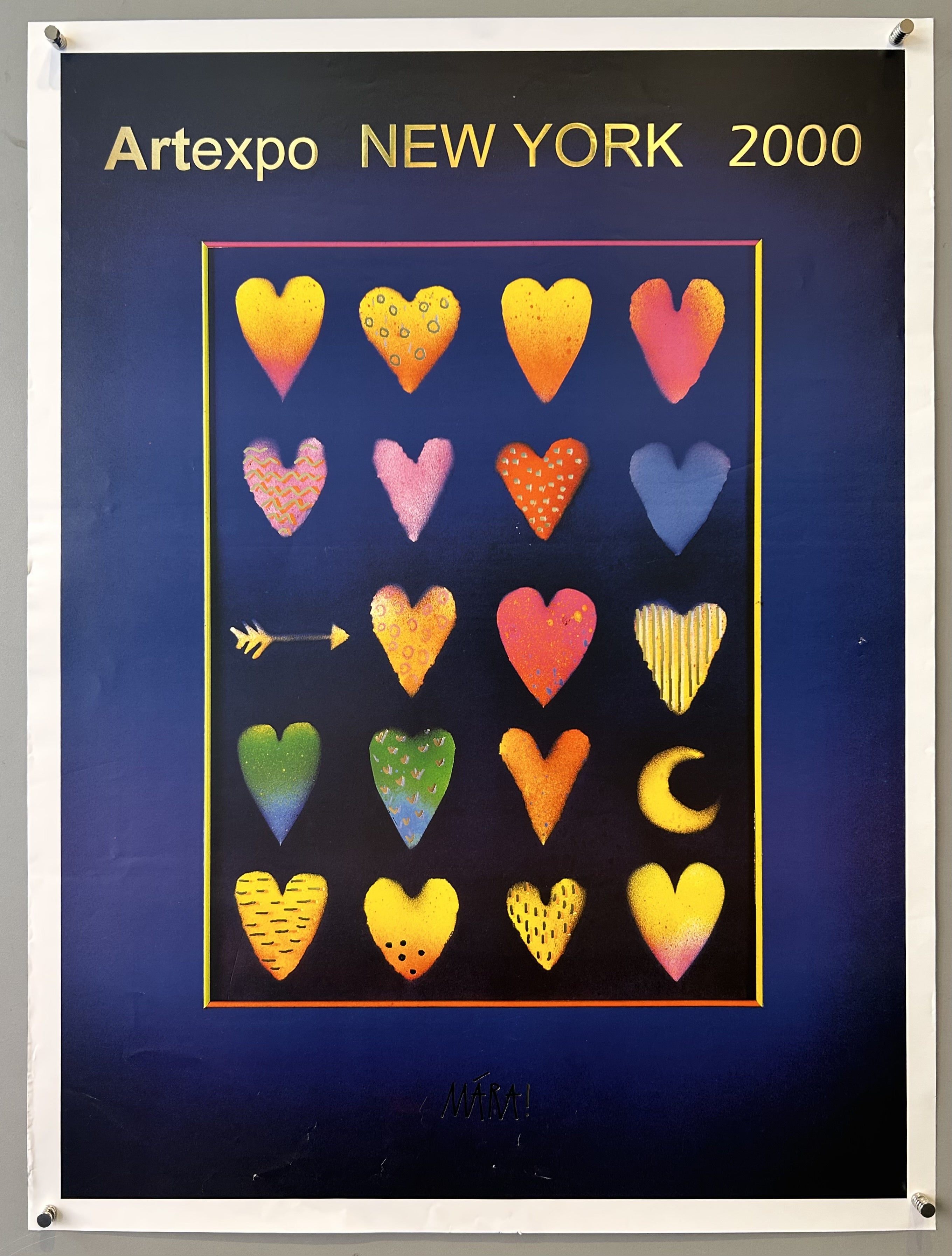 Dark blue poster with gold text and a grid of 20 stylized hearts in various colors and patterns.