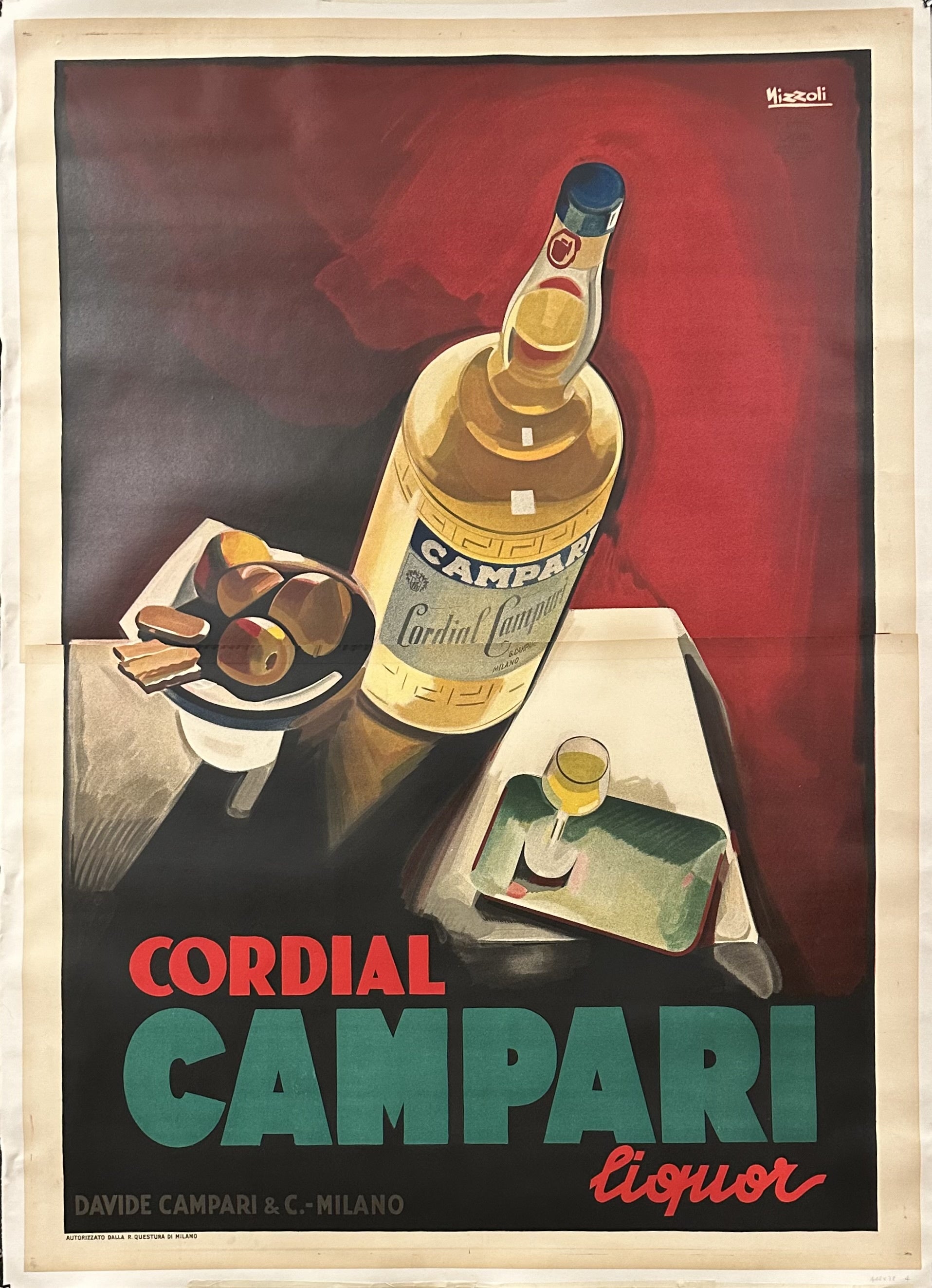 A dramatic and beautiful poster by Nizzoli for Campari, featuring a bottle of Campari overshadowing a fruit bowl next to it.