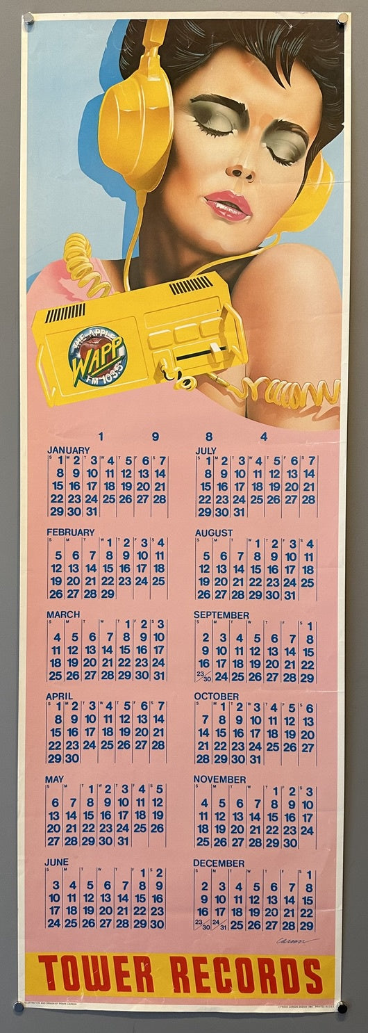 Tower Records poster calendar from 1984 featuring a stylized illustration of a woman wearing yellow headphones and holding a yellow portable cassette player with "WAPP M-103.5" visible on it.