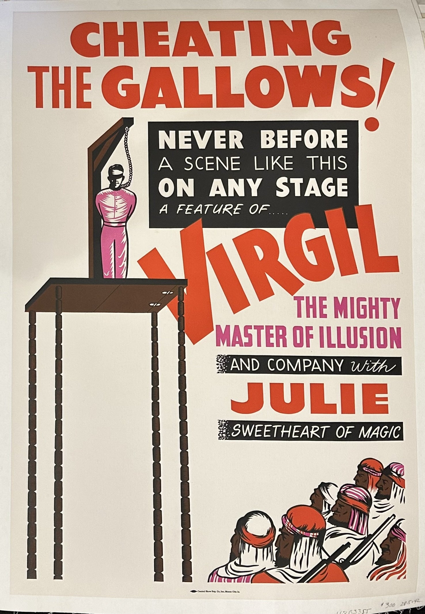 The poster for "Virgil The Mighty Master of Illusion and Company with Julie Sweetheart of Magic" and the "Cheating the Gallows" illusion is from the United States