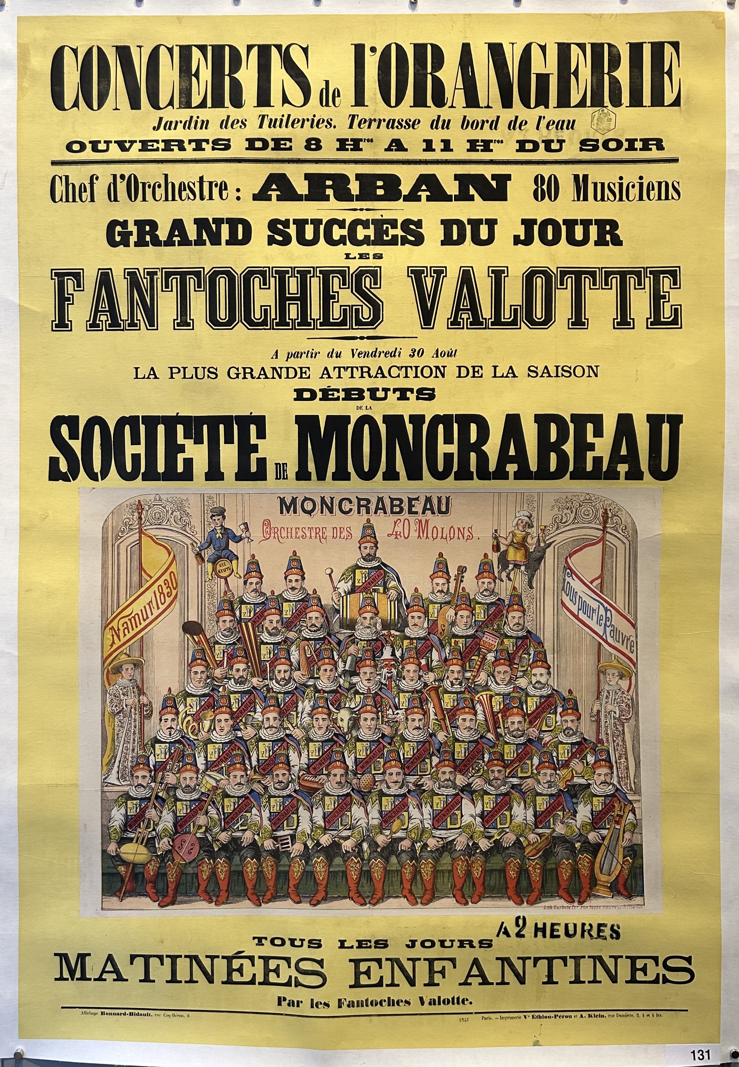Yellow poster with black text above an illustration of the Moncrabeau Company