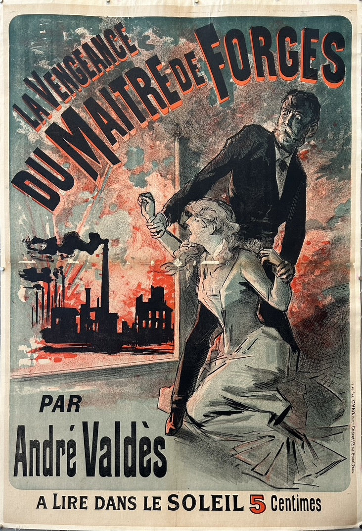 The poster depicts a dramatic scene with a man in a suit seemingly restraining or pulling a woman, set against a backdrop featuring industrial elements like factories with smoking chimneys.