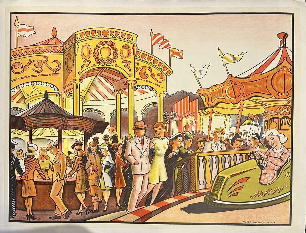 The poster depicts a lively and detailed scene at a bustling carnival, showcasing various amusements and elegantly dressed people enjoying the festivities.