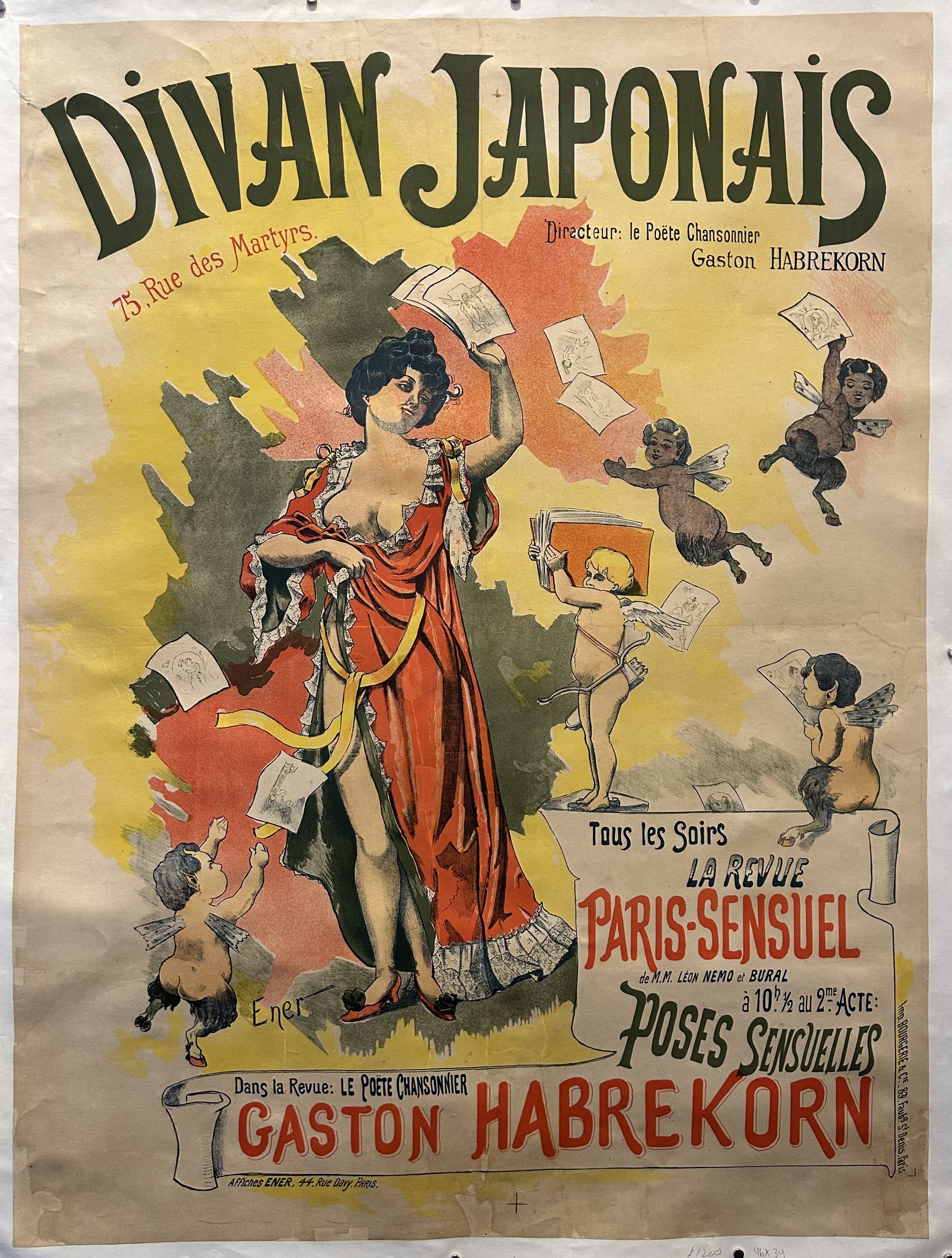 Woman holds papers up while cherubs fly around her catching them; Divan Japonais written above