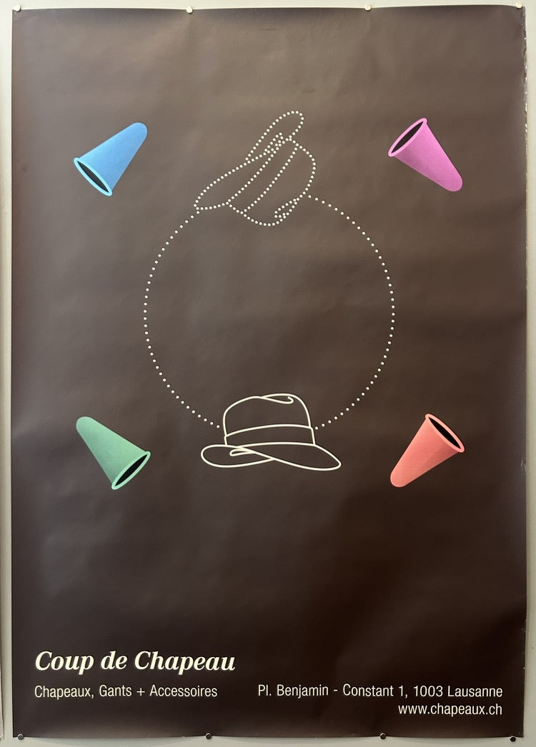 This poster is an advertisement for a French-Swiss business specializing in "chapellerie, ganterie & accessoires dames et messieurs" (hats, gloves & accessories for ladies and gentlemen), named "Coup de Chapeau".