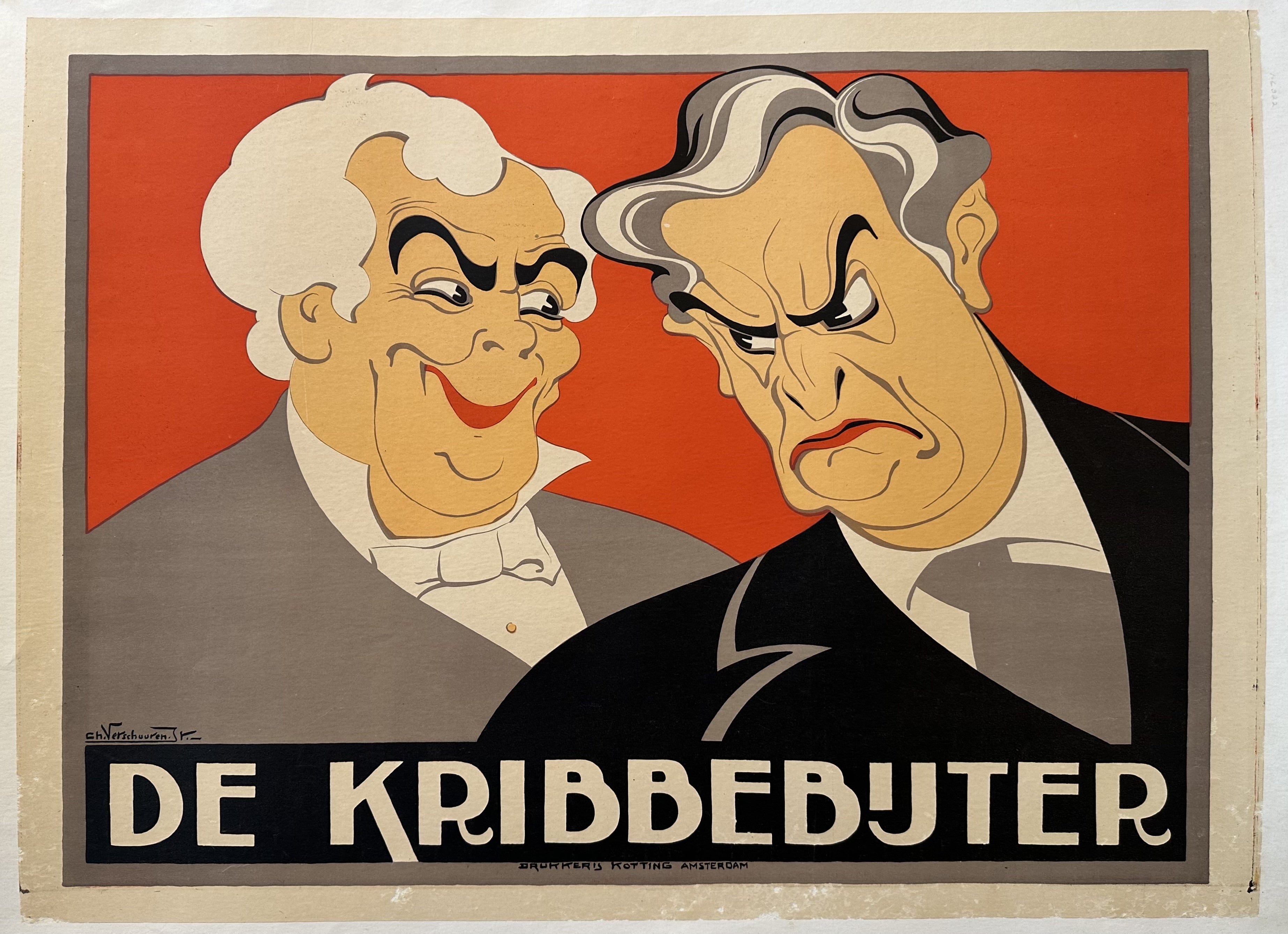 Horizontal poster of two men staring each other down with 'De Kribbebijter' written underneath their portraits in white text.