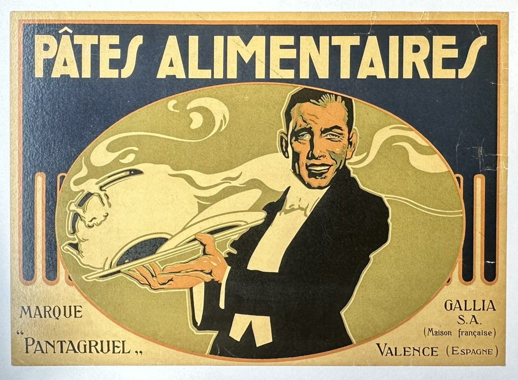 It features a dapper, "Humphrey Bogart-esque" man presenting a serving of pasta, with steam or aroma emanating from the dish.