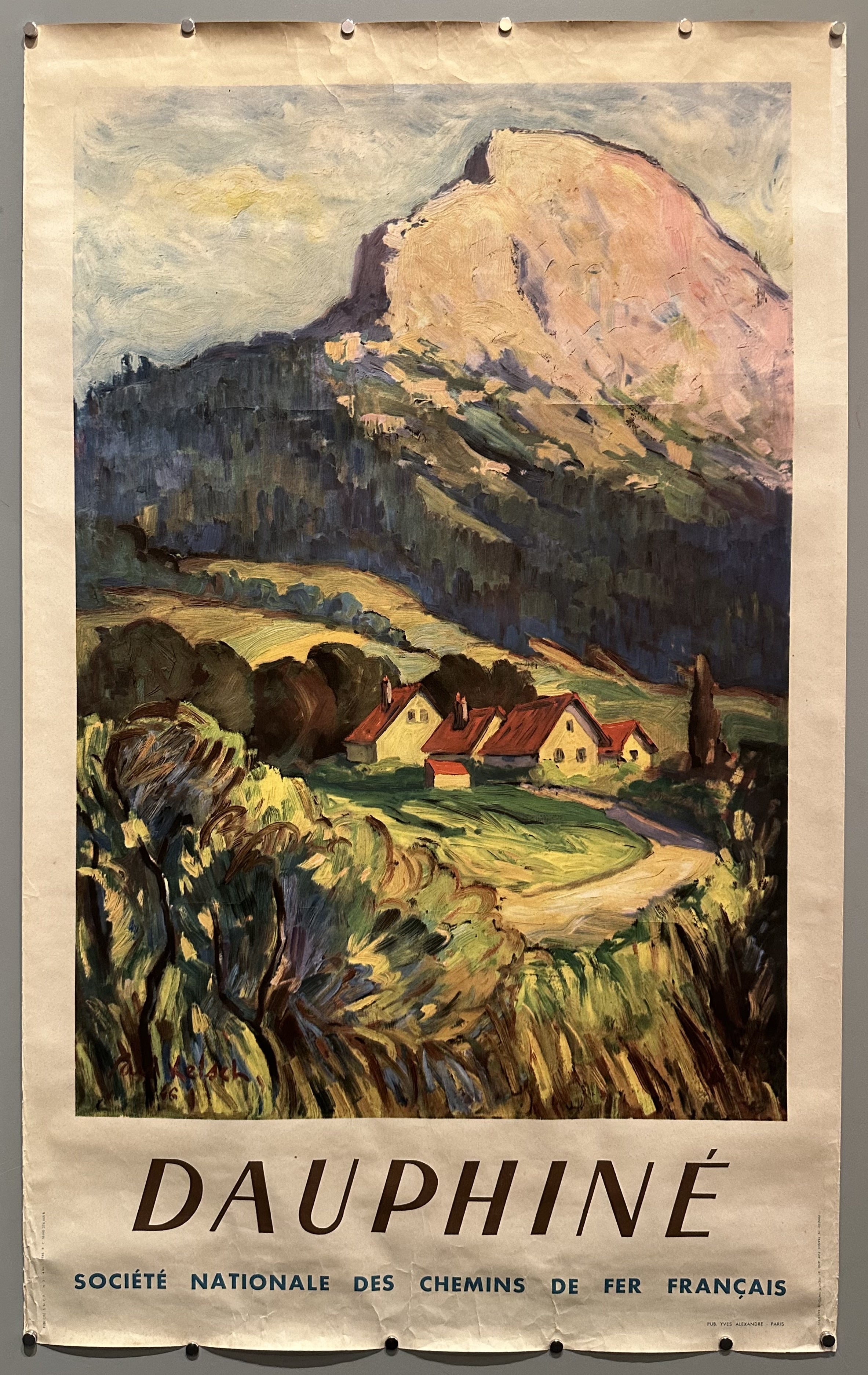 "Dauphine" is an offset lithograph of a pastoral landscape created by Paul Kelsch for the Societe Nationale des Chemis de fer Francais, the French National Railways.