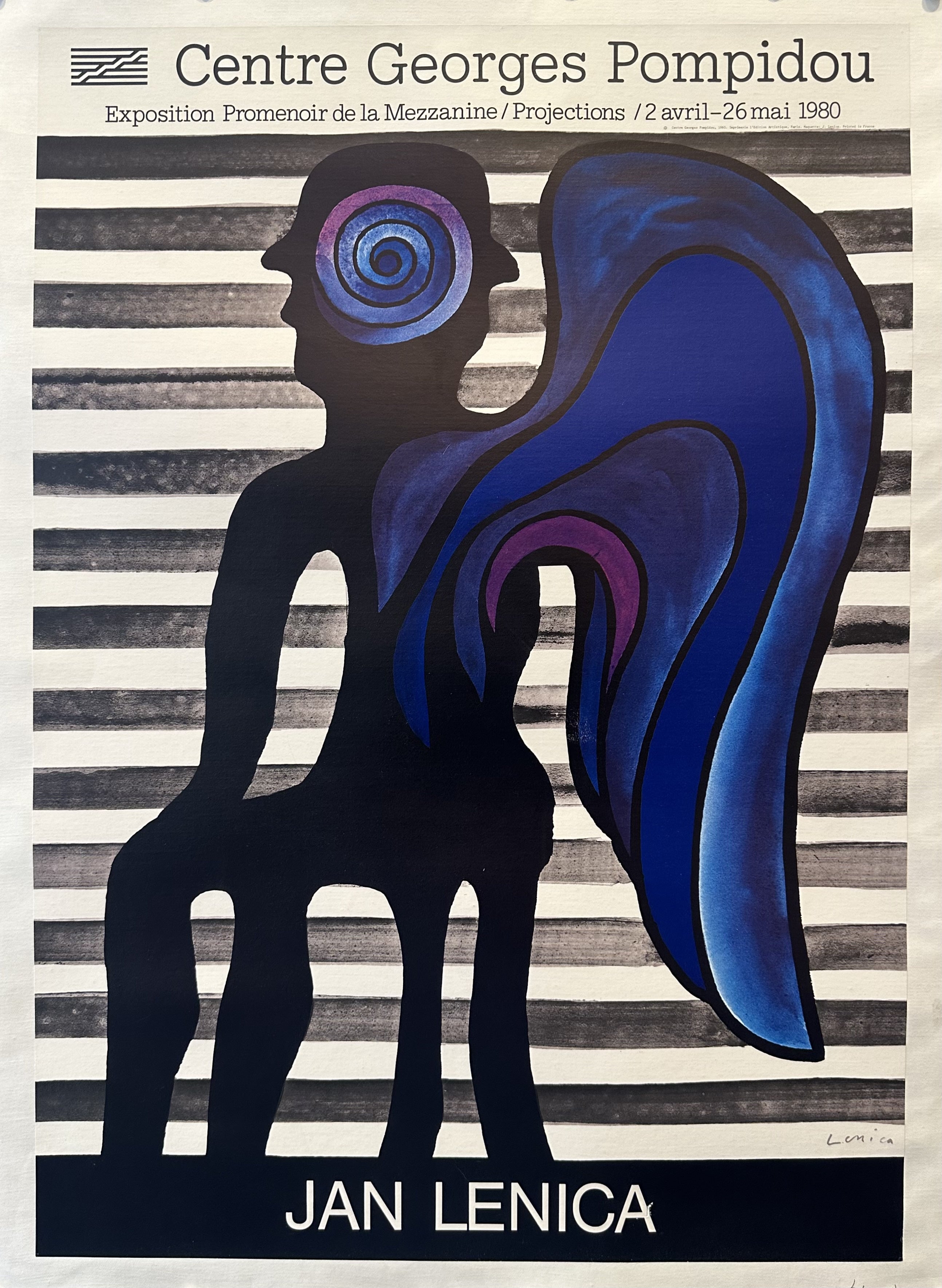 A 1980 poster for an exhibition of Jan Lenica's work at the Centre Georges Pompidou in Paris. The poster features a stylized figure with blue wings against a striped background, with text in French advertising the exhibition dates and location.