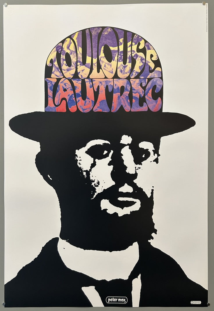 The poster features a primarily black-and-white portrait of Toulouse-Lautrec, with his name "TOULOUSE LAUTREC" rendered in distinctive psychedelic lettering with blended blueish-yellow colors across his bowler hat.