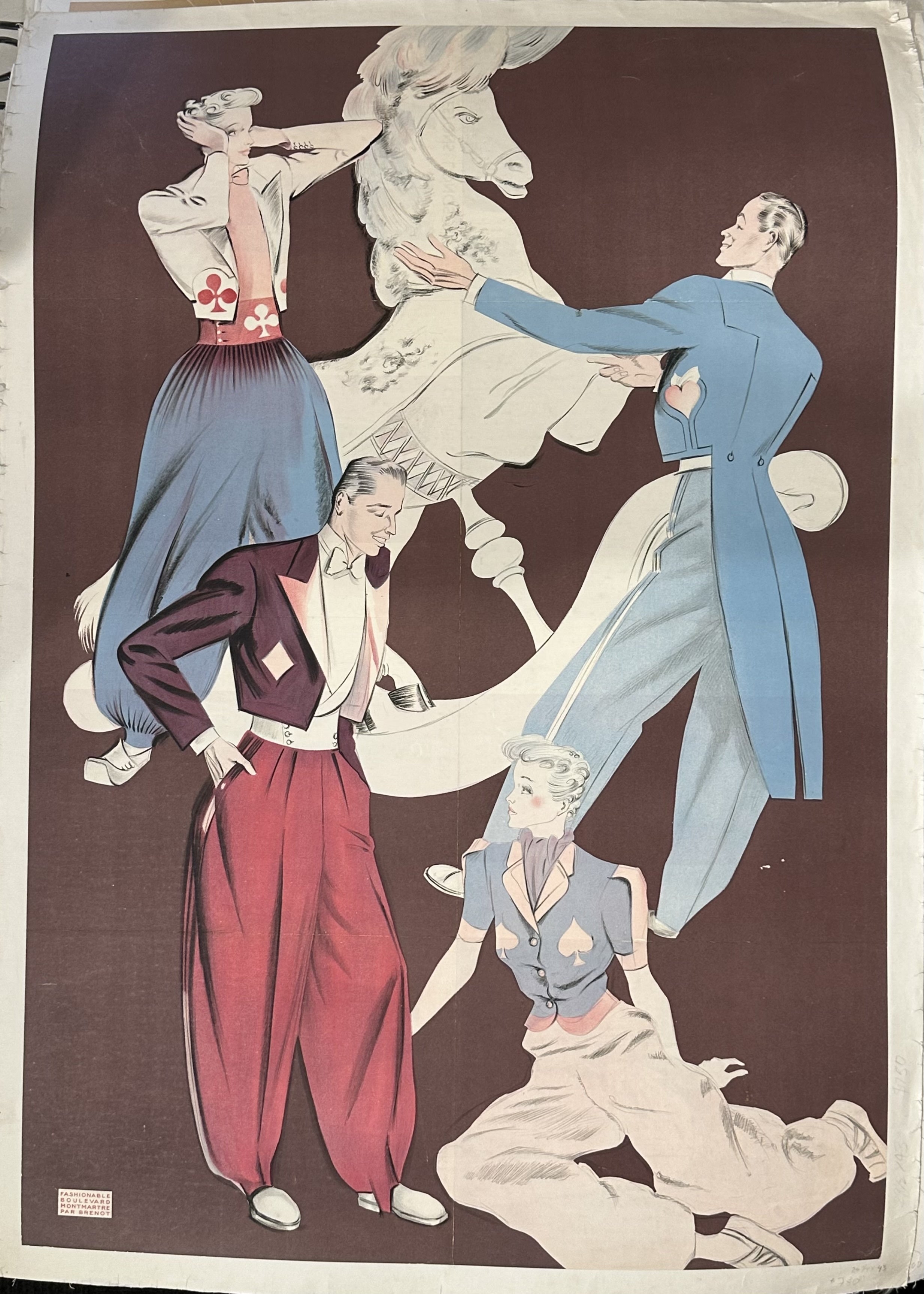 The poster depicts four figures in fashionable costumes, primarily in shades of red and blue, engaged in dynamic poses, often reflecting the luxurious and decadent aspects of upper-class life. Brenot also created fashion drawings for prominent designers like Christian Dior, Jacques Fath, and Cristóbal Balenciaga.