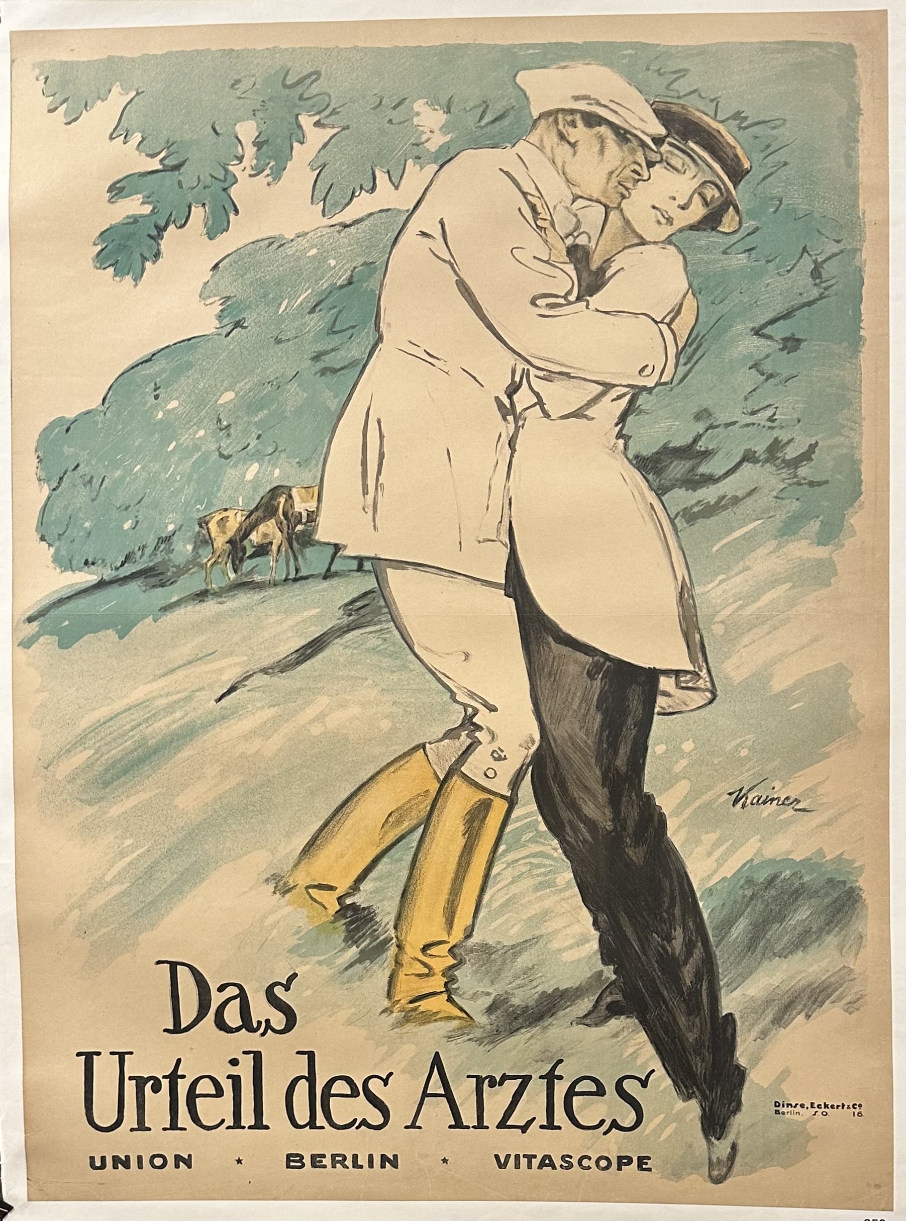 A man kisses a woman's cheek in this film poster for 'Das Urteil des Arztes'.