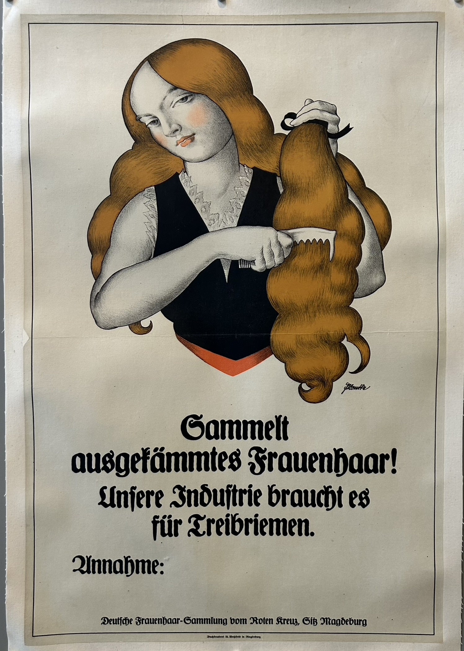 A German WWI propaganda poster, designed by Jupp Wiertz in 1918, showing a woman with long, flowing reddish-brown hair combing a large section of it, with text encouraging the collection of women's hair for industrial use during the war.