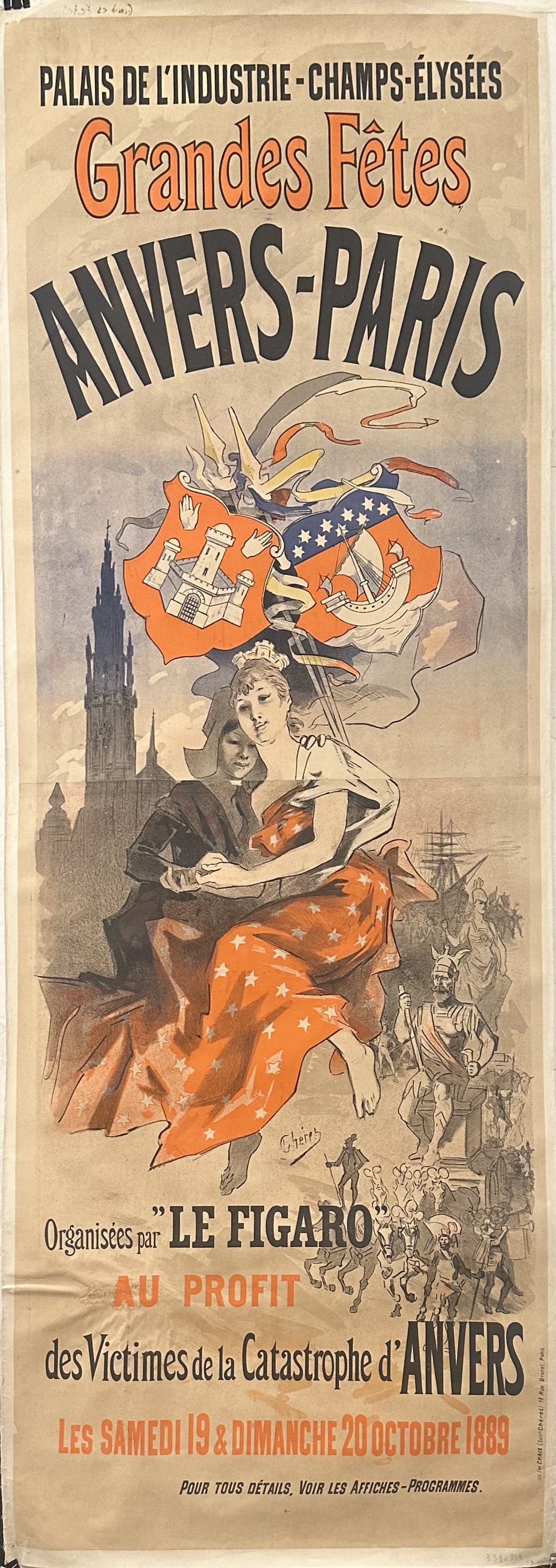 A vintage poster advertising the "Grandes Fêtes Anvers-Paris" held at the Palais de l'Industrie in 1889, organized by Le Figaro to benefit the victims of the Antwerp catastrophe.
