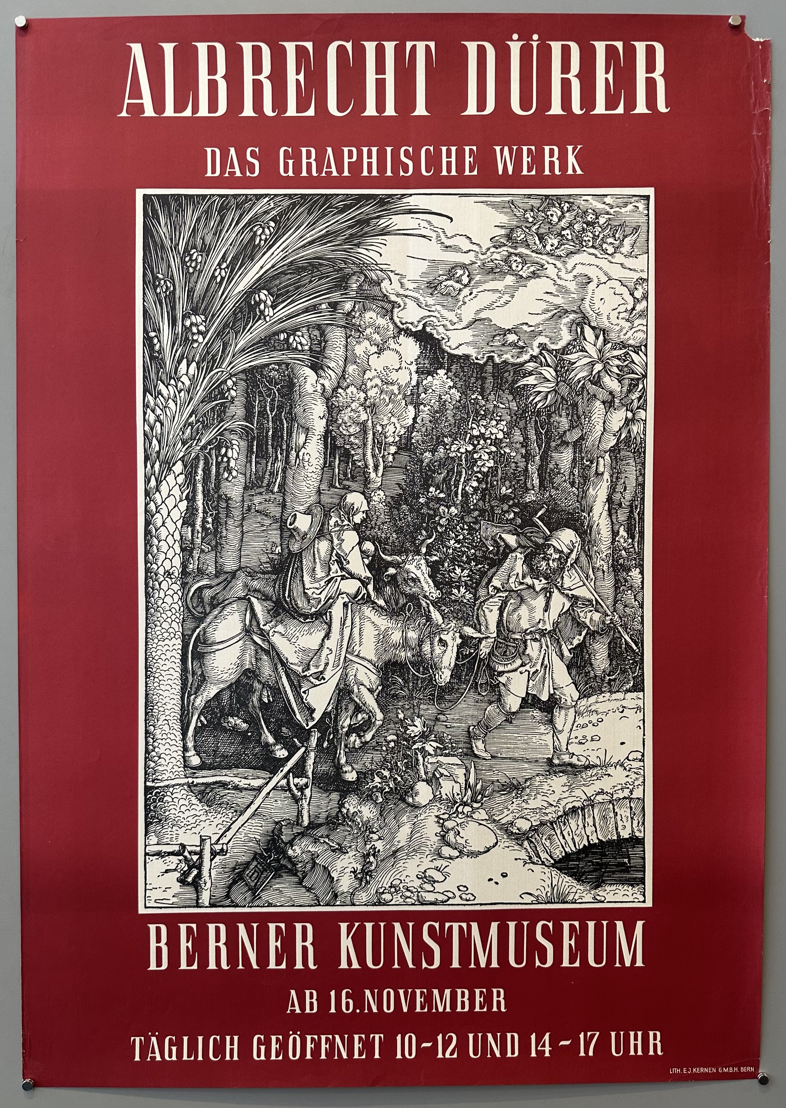The poster is a facsimile reproduction from 1979. It advertises an exhibition of Albrecht Dürer's graphic work at the Berner Kunstmuseum, featuring his woodcut "The Flight into Egypt".