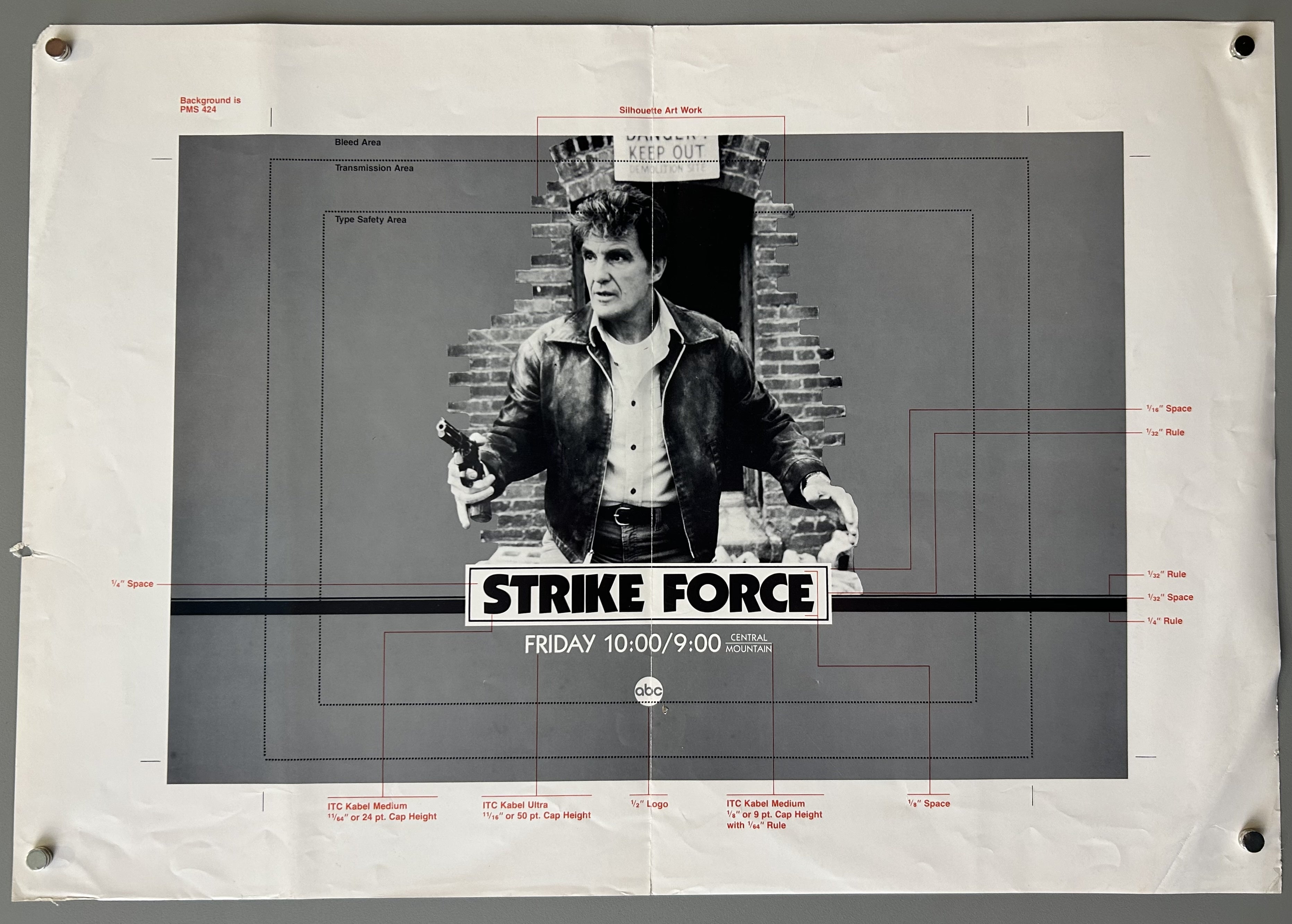 black and white promotional poster for the TV show "Strike Force." A man in a leather jacket holds a handgun, standing in a brick doorway with a "KEEP OUT" sign above. The show's title, "STRIKE FORCE," is in bold white letters across the center, with "FRIDAY 10:00/9:00 CENTRAL/MOUNTAIN" and the ABC logo below it.