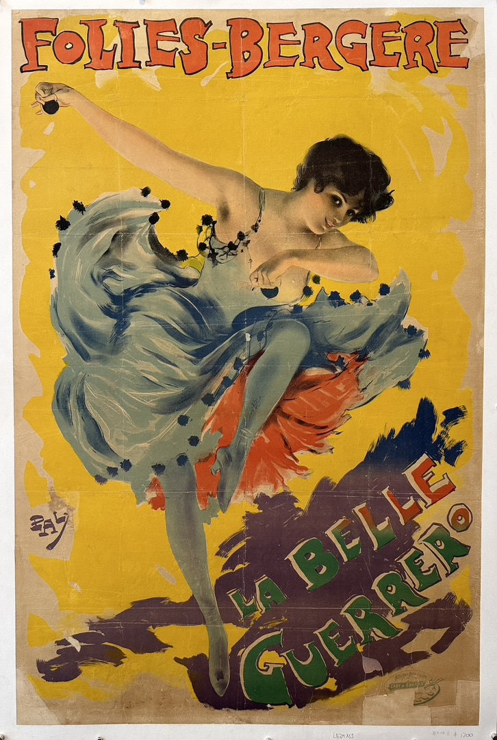 A vintage poster for Folies-Bergère featuring a dynamic depiction of La Belle Guerrero (or Otero) in a flowing dress, dancing against a vibrant yellow background.