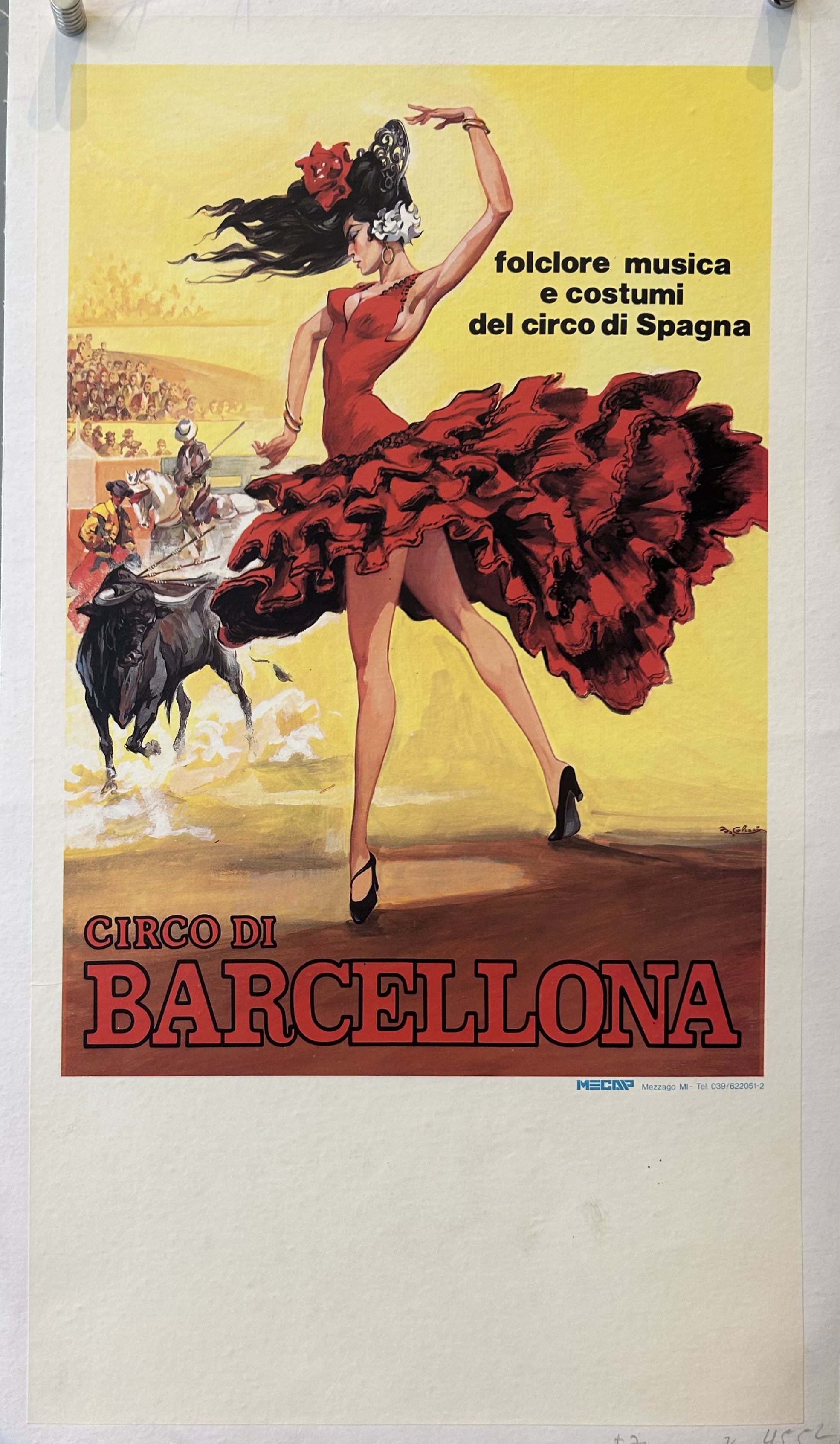 Vintage poster of a dancer with a bull in the background, featuring text about the Barcelona circus.