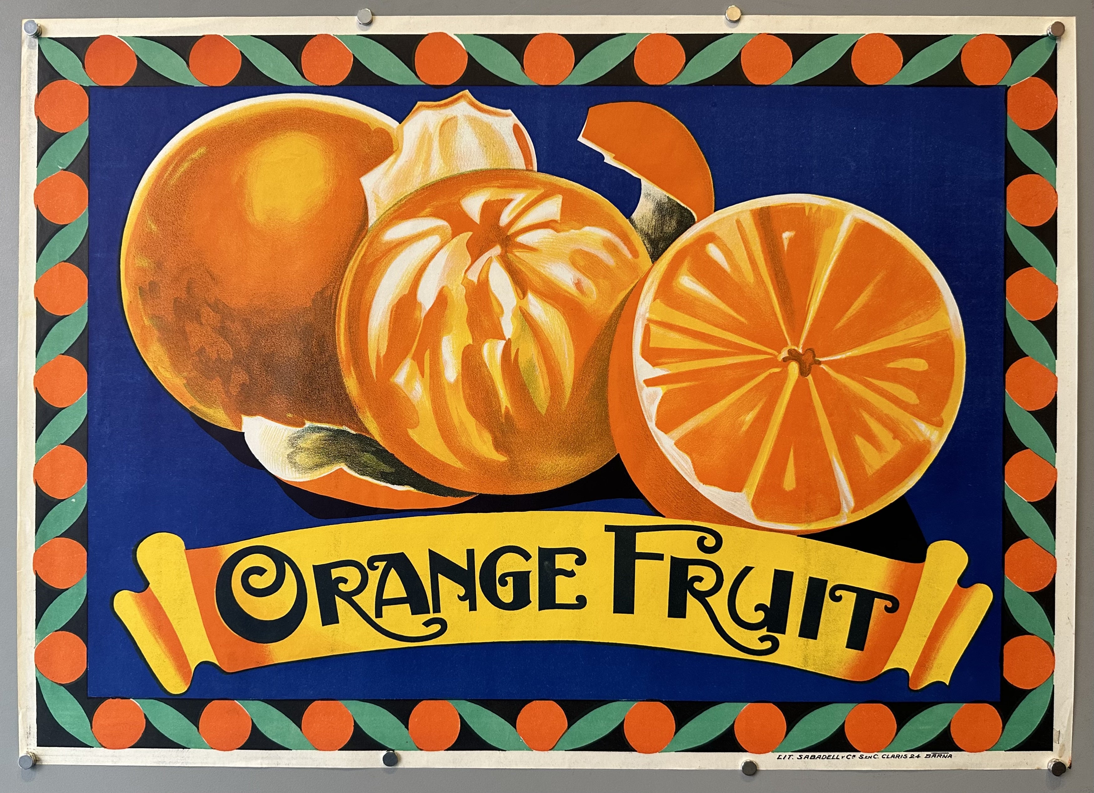 Illustrated oranges against blue background with orange and green border.