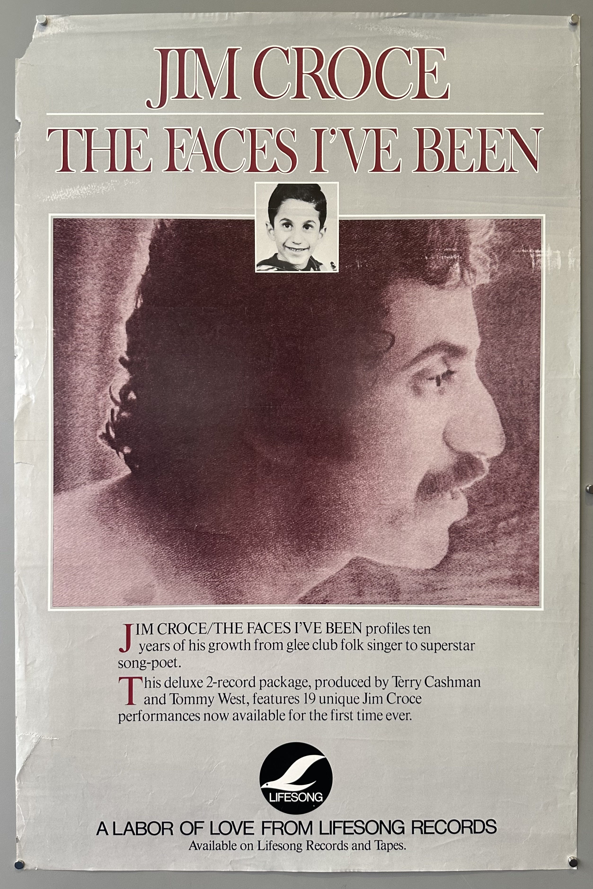 Side profile of Jim Croce with a photo of him as a child above it to promote his album release against grey background.