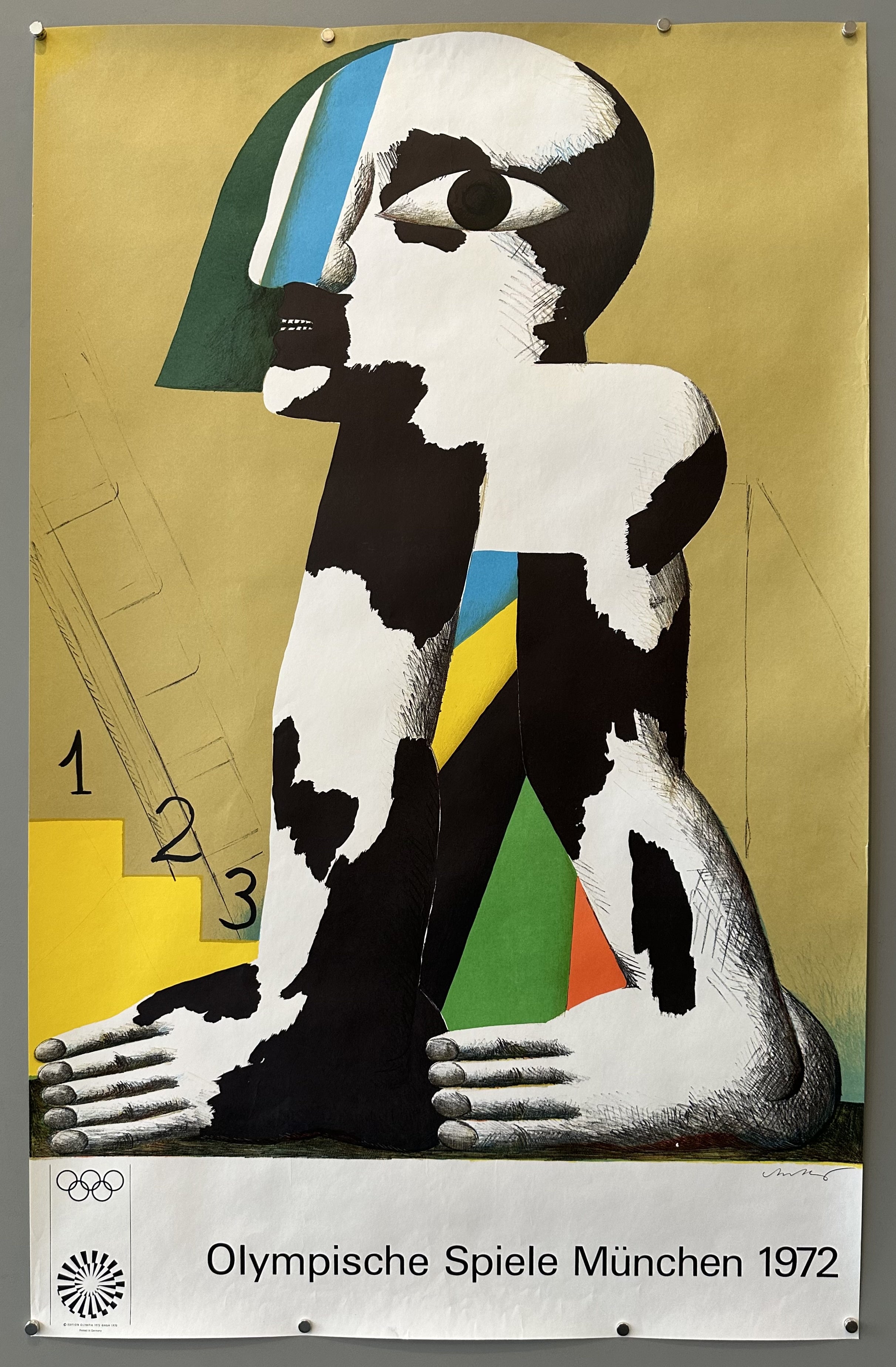 1972 Olympics poster designed by German artist Horst Antes, featuring an abstract figure standing near a podium.